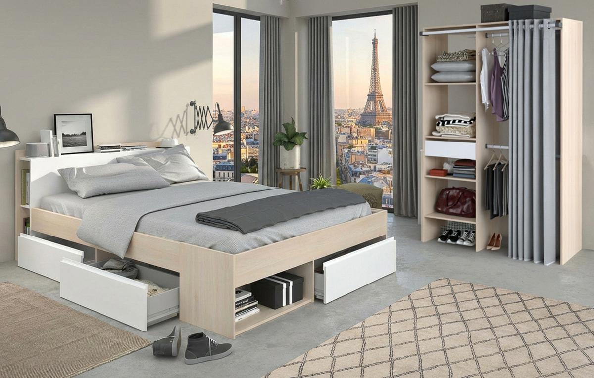 JUGEND-SCHLAFZIMMER Akazie, weiß, Komplettset mit Stauraumbett (160 x 200 cm) und Kleiderschrank - Weiß/Akaziefarben, Holzwerkstoff (170/182/220cm) - Parisot Meuble
