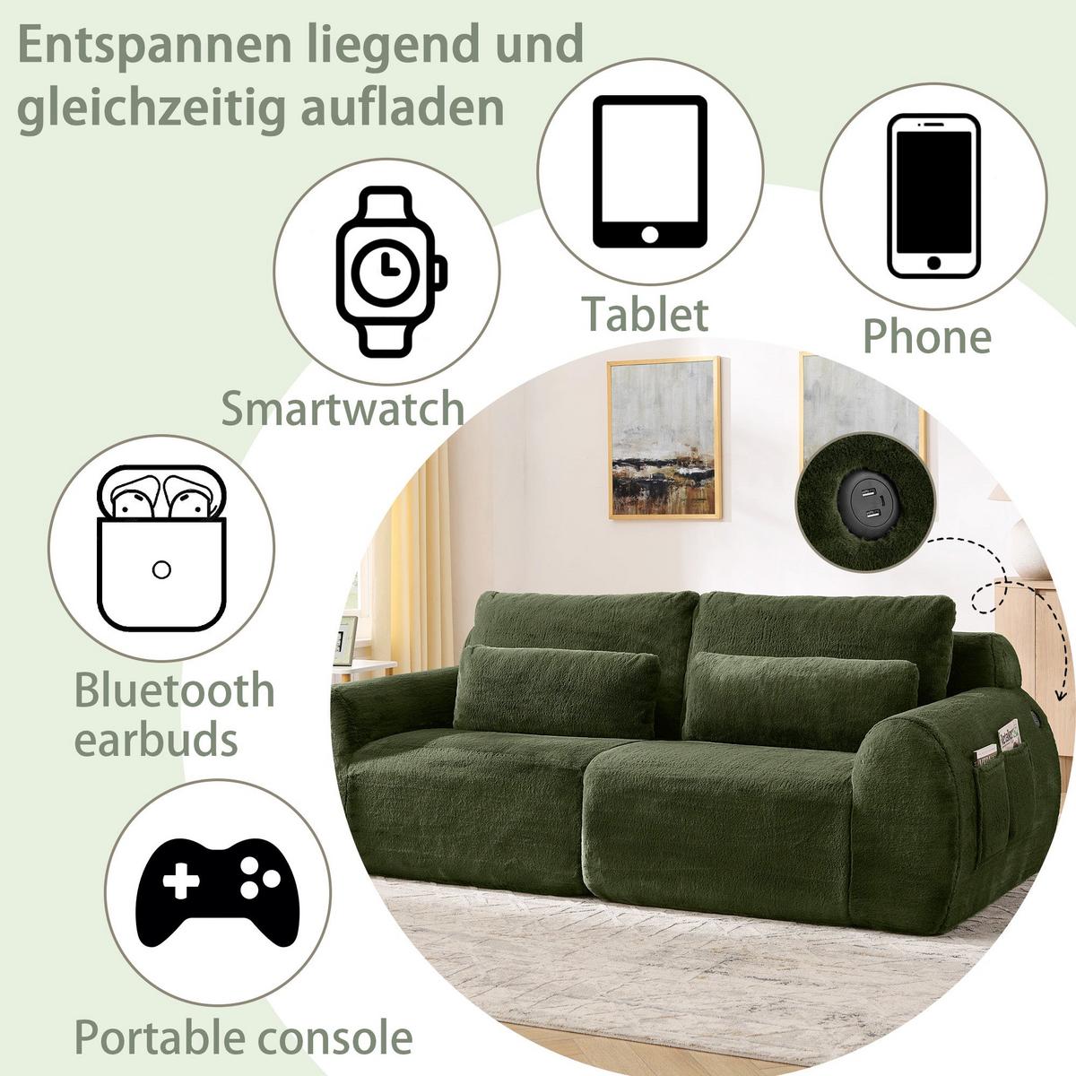 2-SITZER SOFA in Grün aus Kunstfell mit USB-Anschluss & Magazintasche - Grün, Textil (101/81/208cm) - Urban Meuble