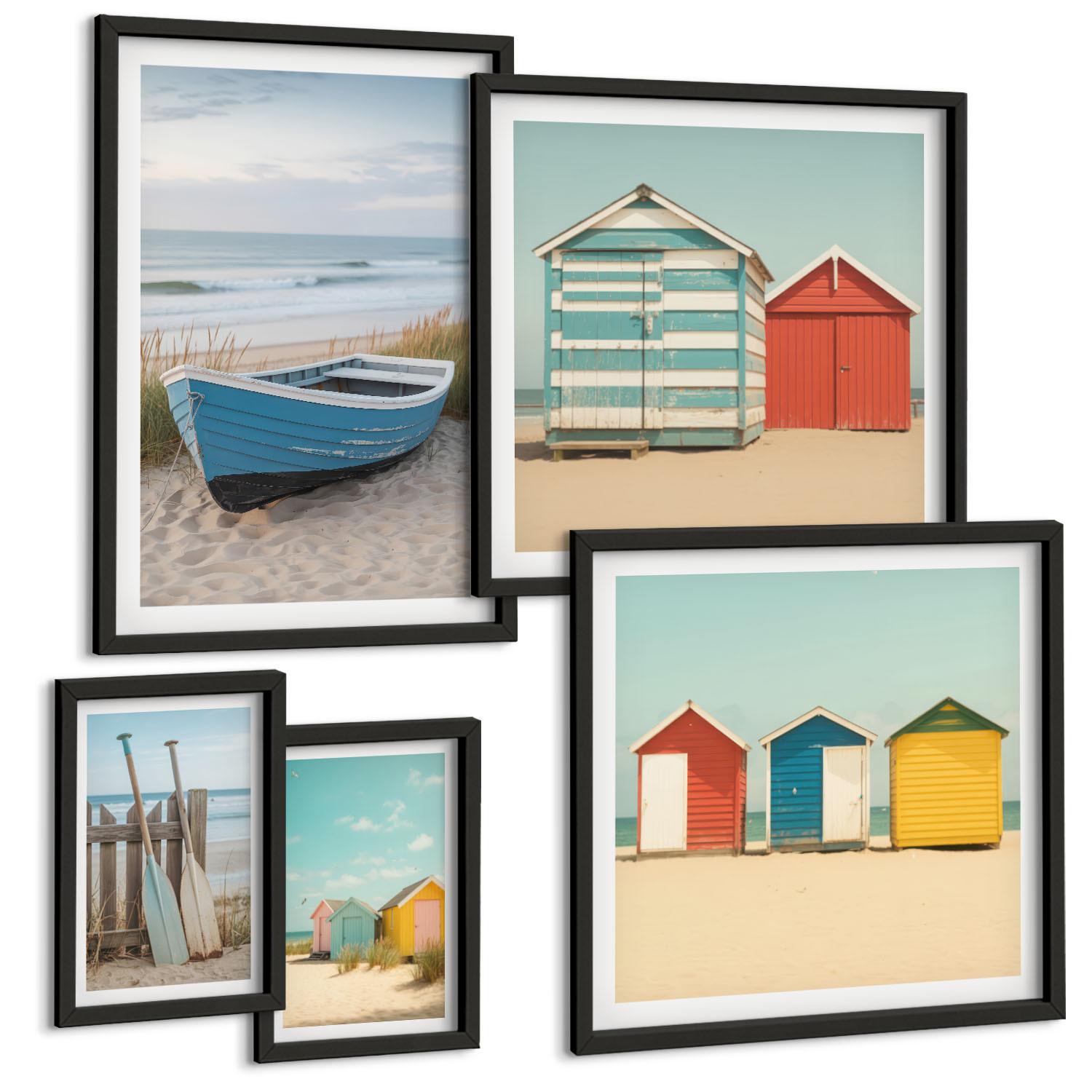 BILDER SET 5er Set - 50x50 cm & 20x30 cm & 40x60 cm Schwarzer Rahmen - Farbenfrohe Berge und Küstenstädte - Schwarz, Kunststoff (40/60cm) - TULUP