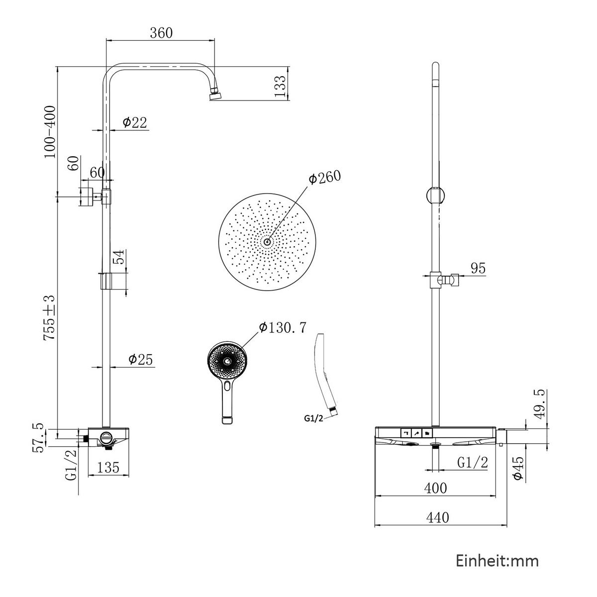 ÜBERKOPFBRAUSESET mit Thermostat Drei Wasserauslassmethoden Weiß - Weiß, Metall (49/106.8/13.5cm) - EMKE