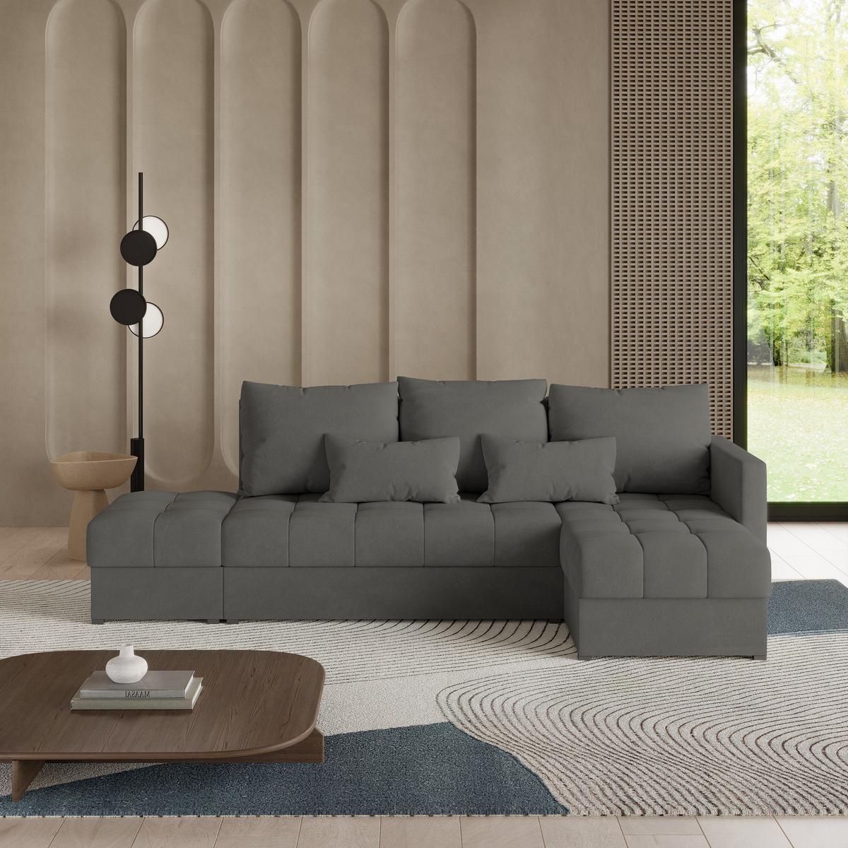 ECKSOFA LUMARI R-S Grau Plüsch-Stoff mit Schlaffunktion - Grau, Holz (262/143cm) - MASSENO