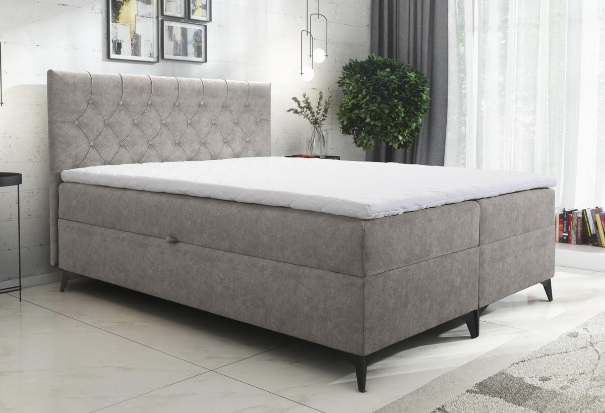 BOXBETT Palmeria 180/200 cm in Graubeige – mit Bettkasten und Topper - Taupe/Schwarz, Holz/Holzwerkstoff (180/200cm) - AX Living