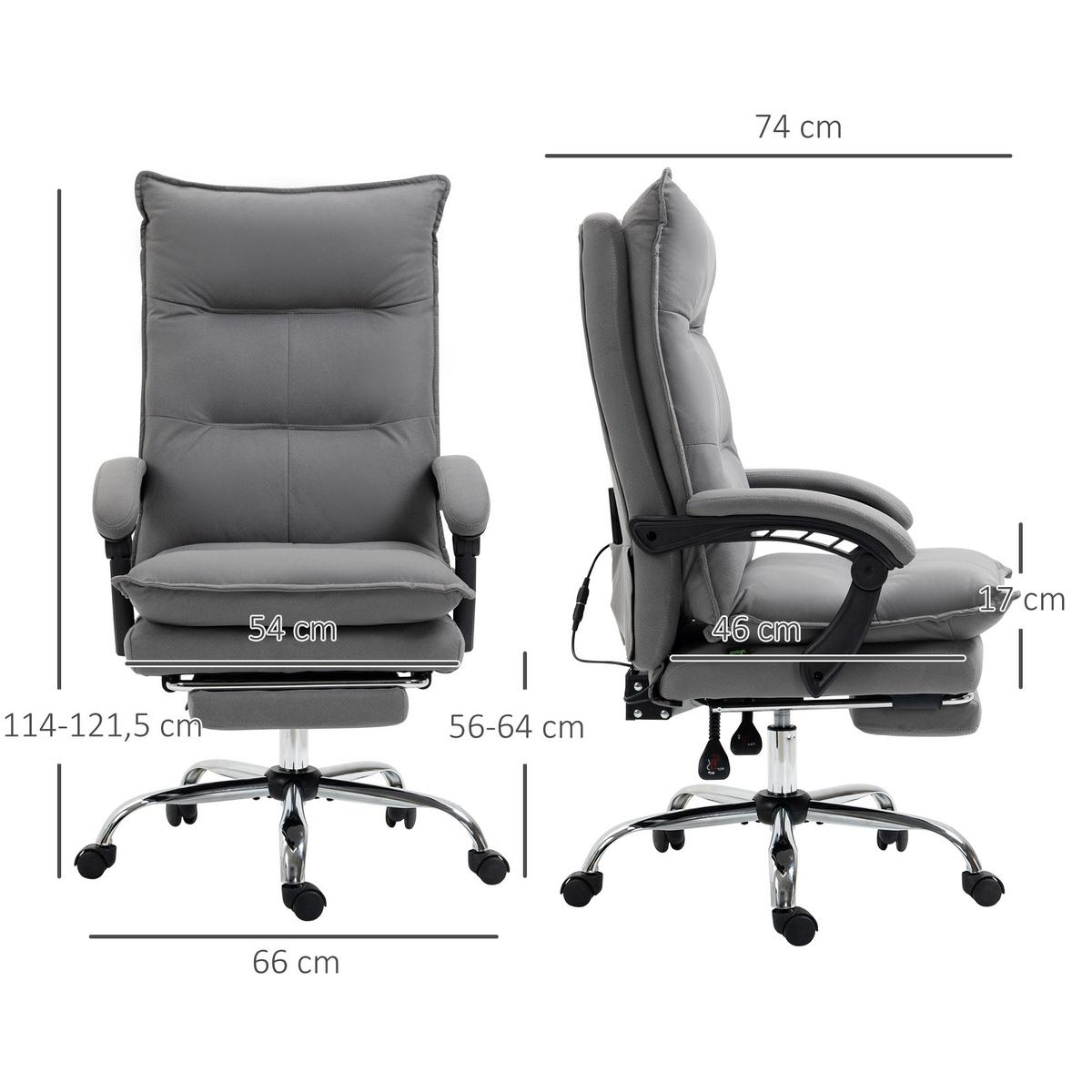 MASSAGE-BÜROSTUHL, Schreibtischstuhl mit Heizfunktion, Liegefunktion, Grau - Grau, Kunststoff (74/121.5/66cm) - Vinsetto