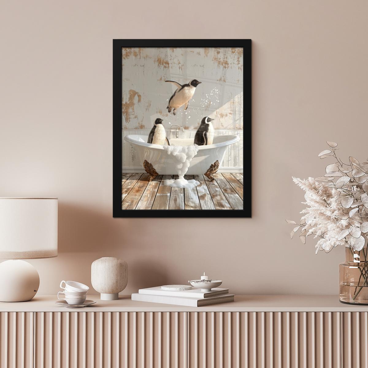POSTER MIT RAHMEN Vintage - Pinguin - Badewanne - Schaumstoff Bilderrahmen 30x40 cm - Schwarz, Papier (30/40cm) - MuchoWow