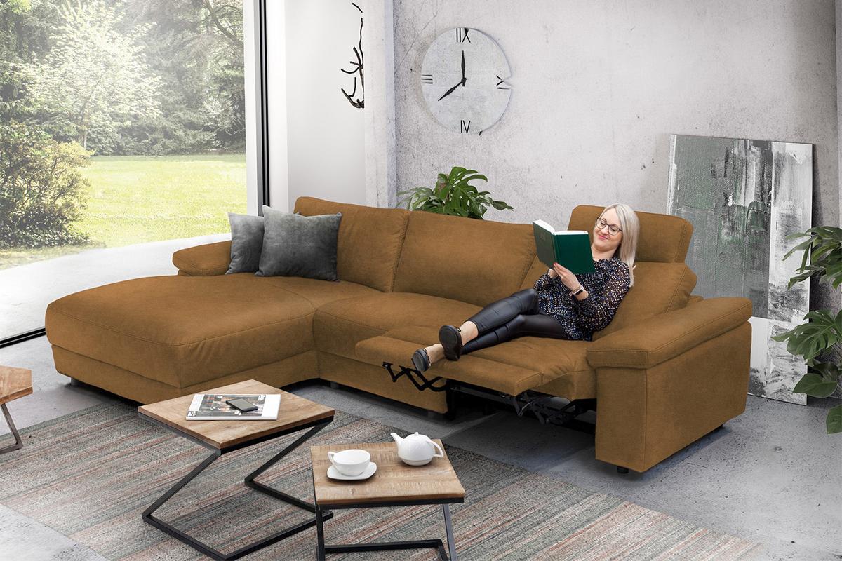 ECKSOFA XL MOTORISCHER RELAXFUNKTION LOLA Orange Leder Relaxfunktion - Cognac/Schwarz, Leder (304/178cm) - KAWOLA