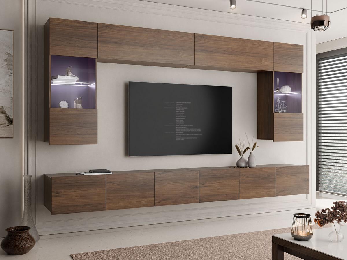 WOHNWAND Calabrini I mit blauer LED Beleuchtung - Nussbaumfarben, Holzwerkstoff (300/34/43cm) - MIRJAN24