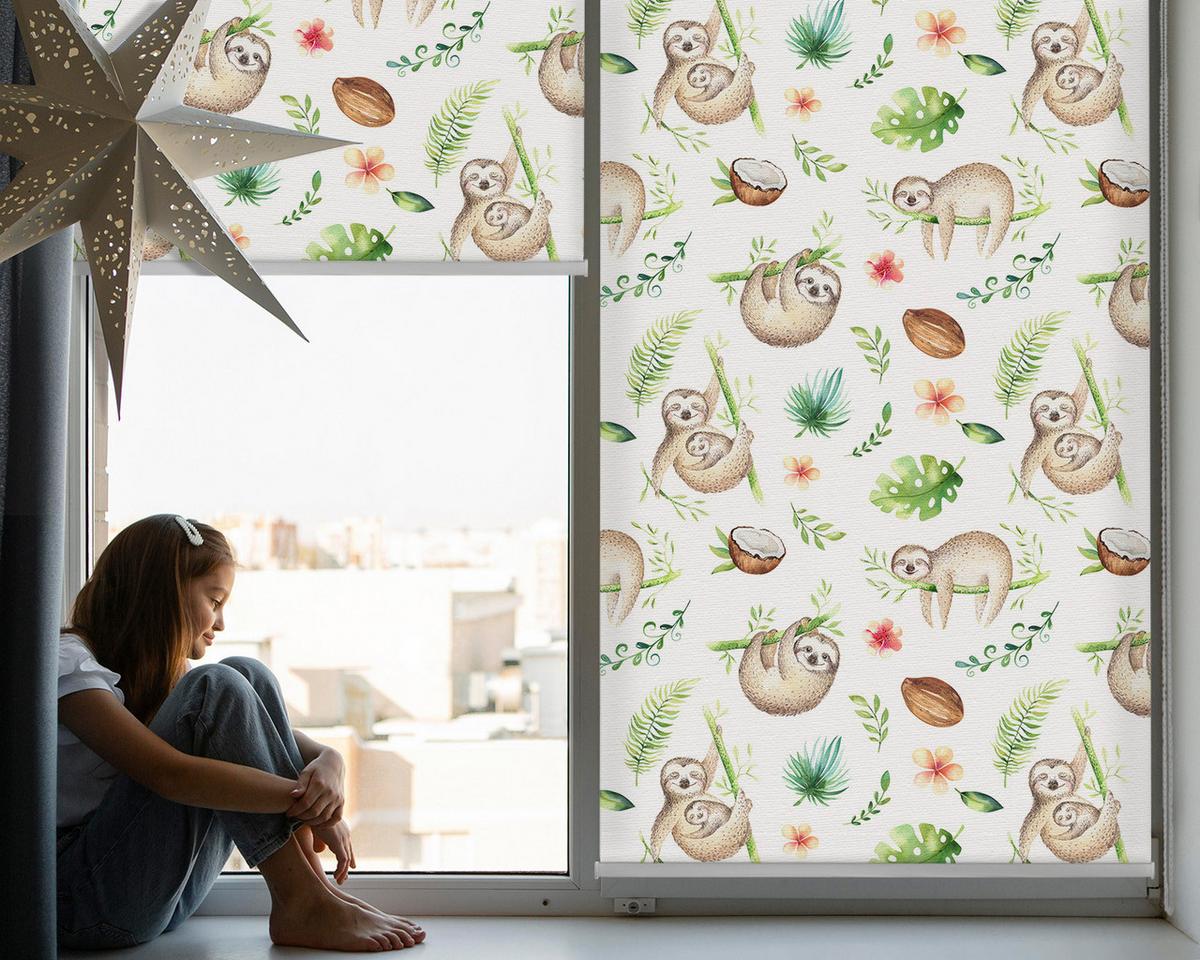 INNENROLLO - Fensterrollo - Rollo - 100x140 cm - Faultiere und Pflanzen - Braun, Kunststoff (100/140/0.5cm) - TULUP