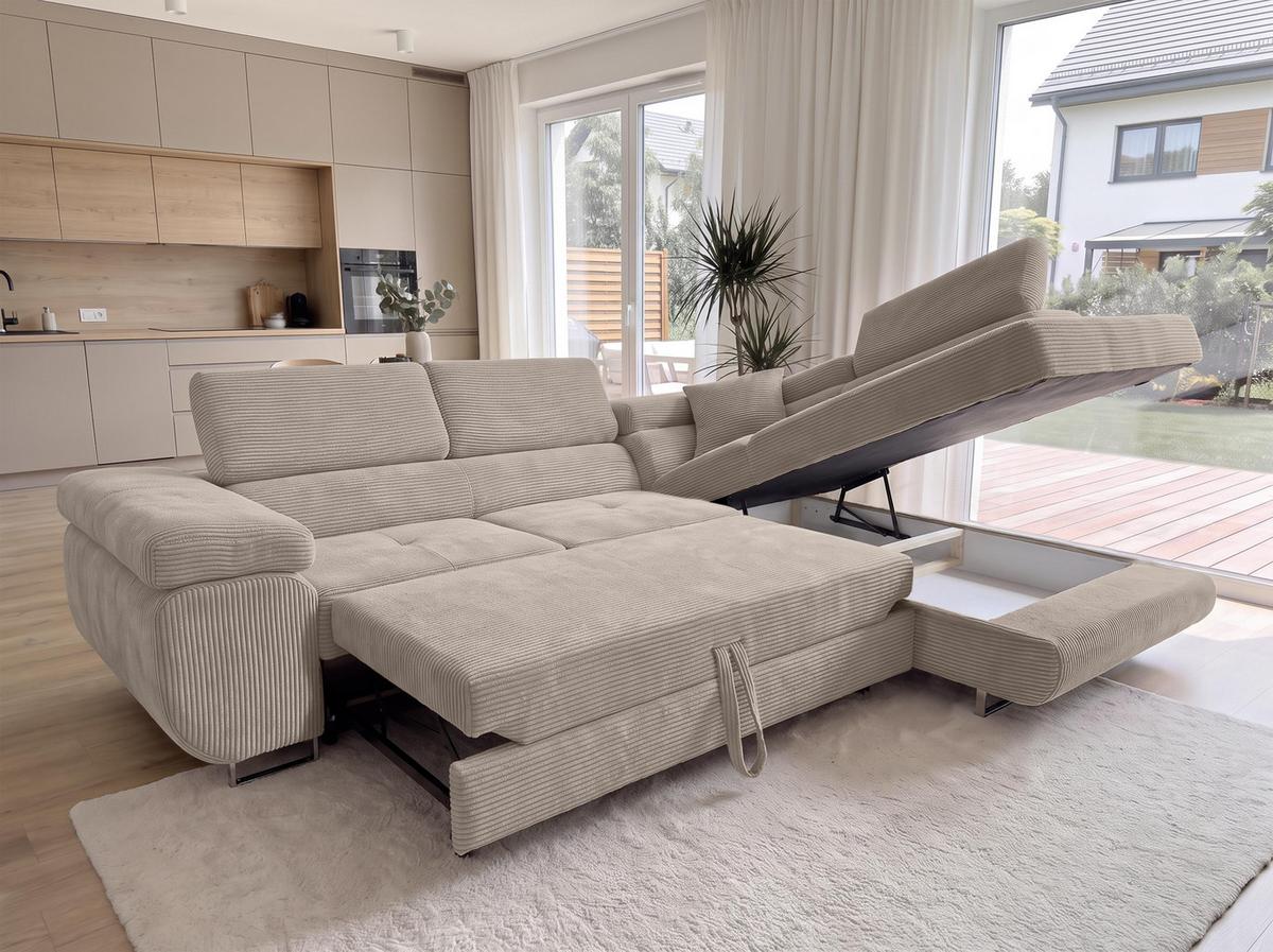 ECKSOFA L Form Konak Beige 276/201/90 cm Rechts mit Schlaffunktion - Beige/Silberfarben, Textil/Metall (276/203cm) - AX Living