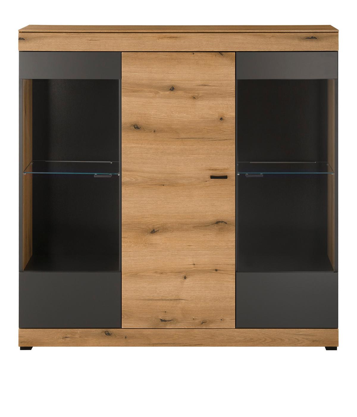 HIGHBOARD in Eiche, grau 140 x 141 cm, Vitrine mit Soft-Close - Kaschmir/Eichefarben, Glas/Holzwerkstoff (140/141/35cm) - Furn.Design