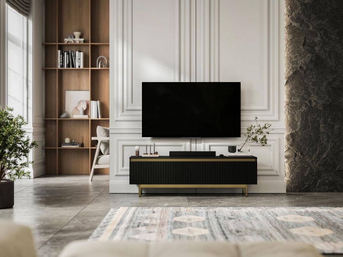 TV-SCHRANK Selene Schwarz Matt 140 cm mit Metallrahmen Glamour - Goldfarben/Schwarz, Holzwerkstoff (140/44/35cm) - Meble Lindner
