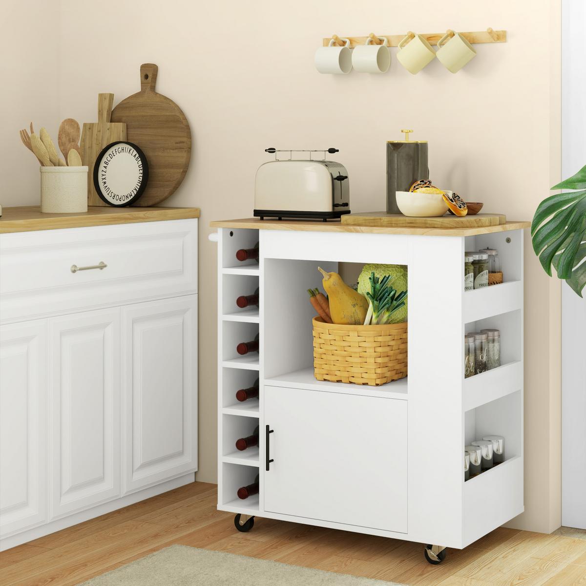 KÜCHENWAGEN Servierwagen mit Schrank, Arbeitsplatte, Ablagen, Weinregalen, Eiche - Eichefarben/Schwarz, Holz/Holzwerkstoff (40/83/83cm) - HOMCOM