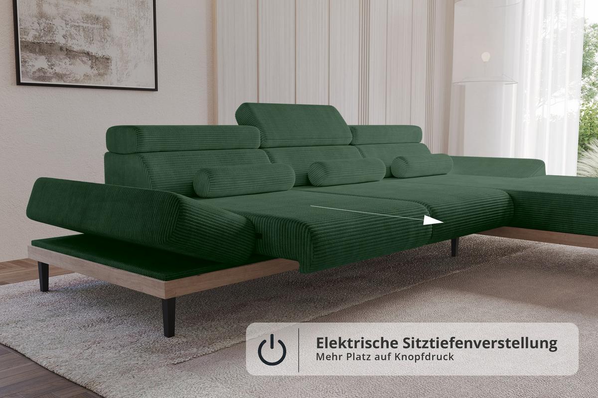 ELEKTRISCHES ECKSOFA Rechts MONA 316x205x85 Grün Cord - Salbeigrün/Grün, Holzwerkstoff/Textil (316/205cm) - ALTDECOR
