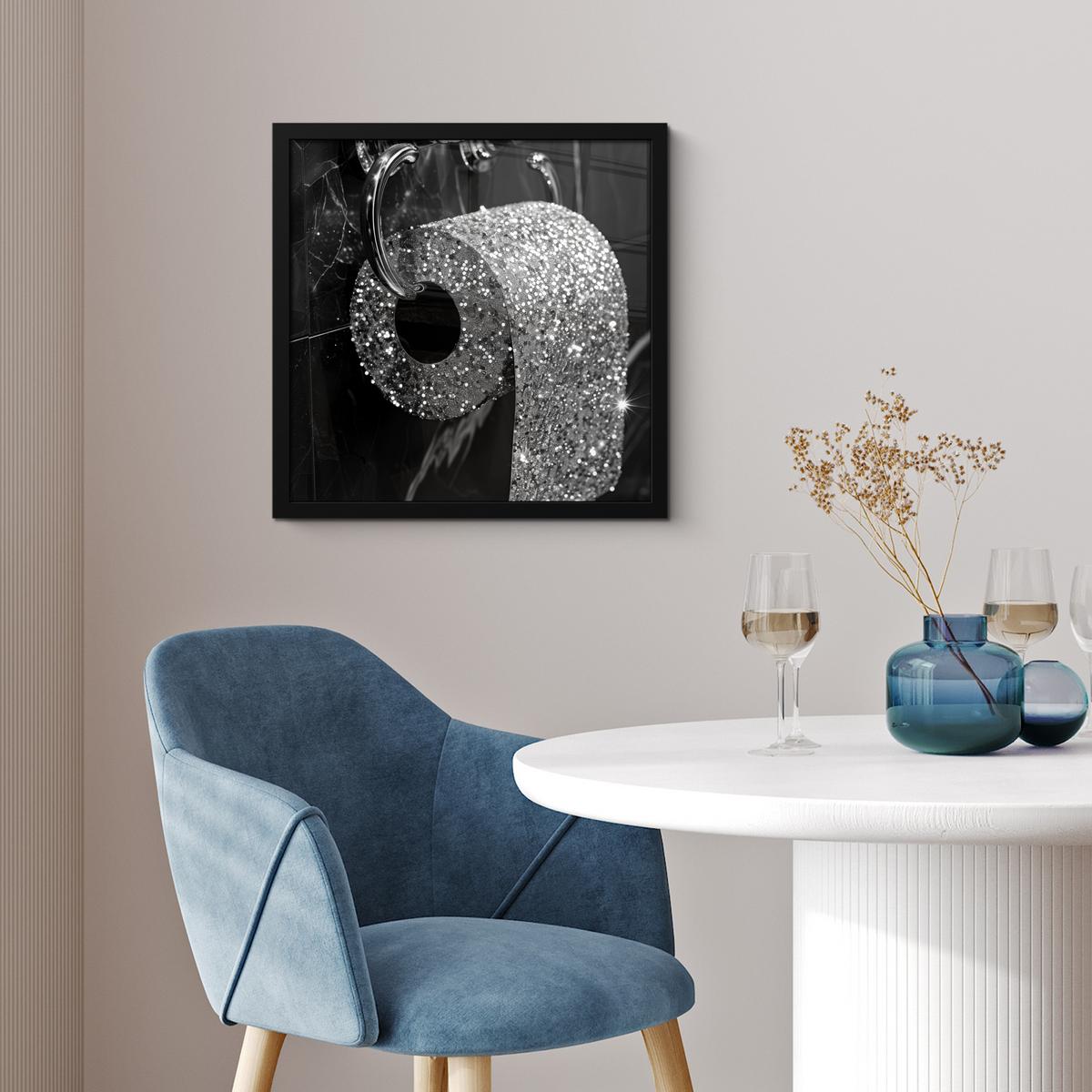 POSTER MIT RAHMENGERAHMTES BILD WC - Toilettenpapier - Schwarz und weiß - Glitter 40x40 cm - Silberfarben, Papier (40/40cm) - MuchoWow