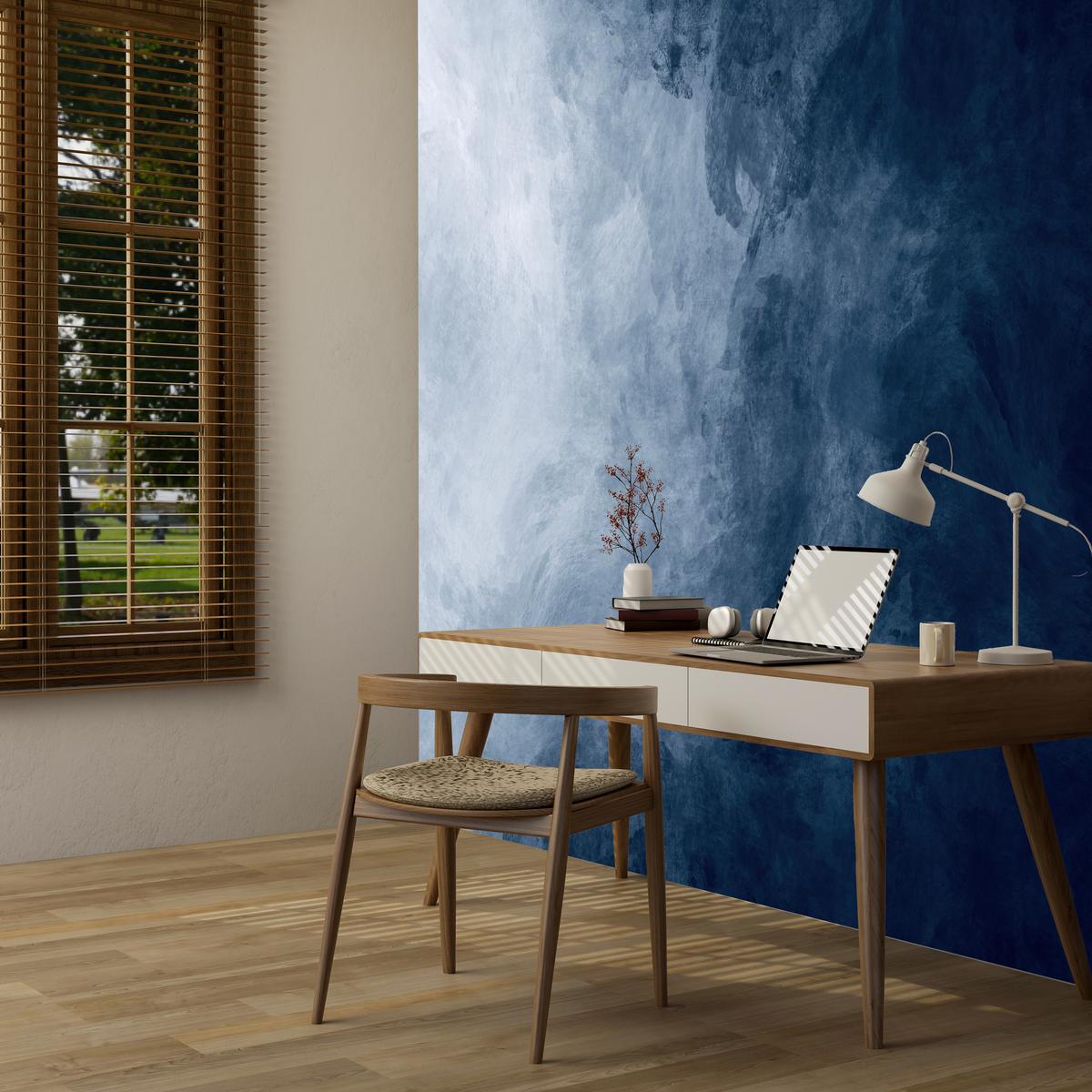 FOTOTAPETE für Badezimmer Dunkelblaues Ombre Aquarell 300x210 - Blau/Weiß, Papier (300/210cm) - Muralo