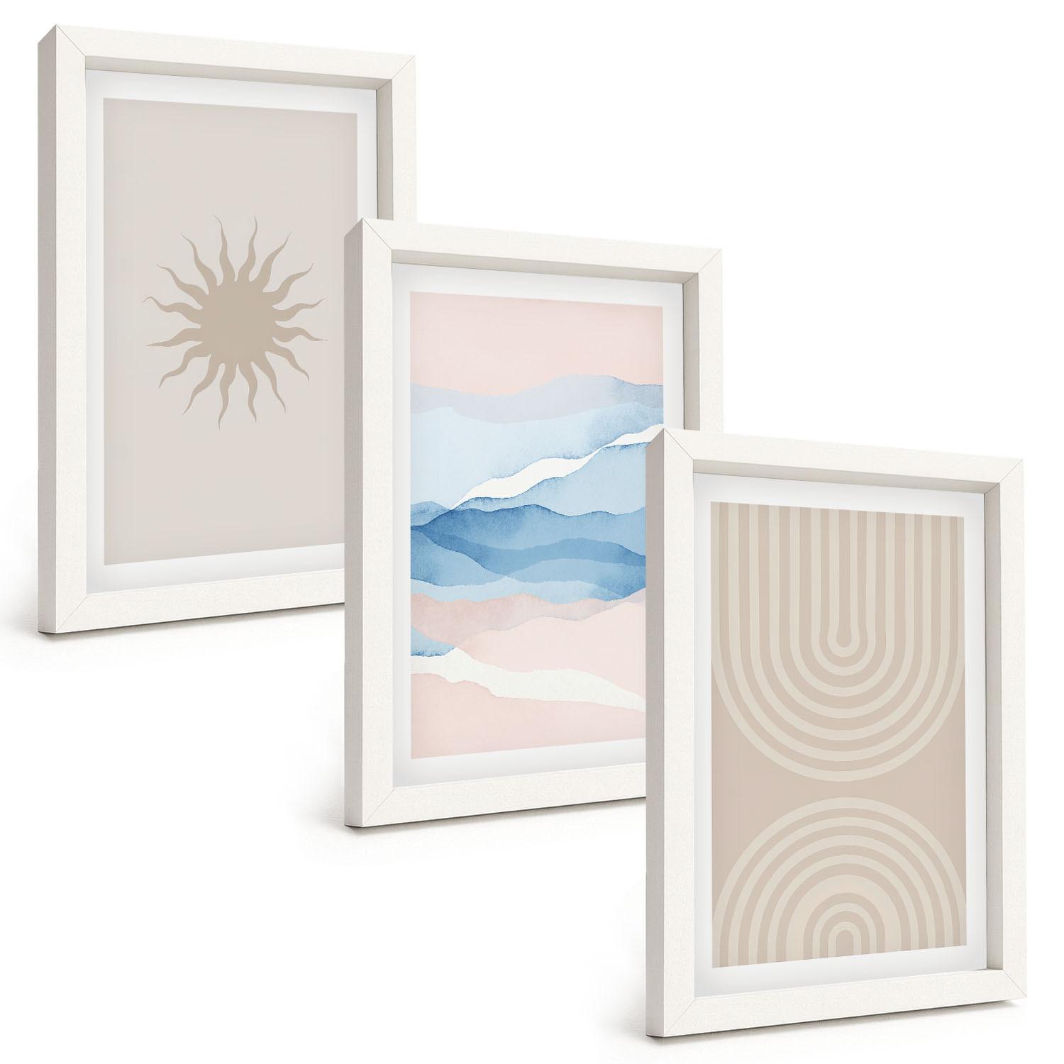 BILDER SET 3er Set - 20x30 cm Weißer Rahmen - Sonnenwellen abstrakte Linien Pastell - Weiß, Kunststoff (20/30cm) - TULUP