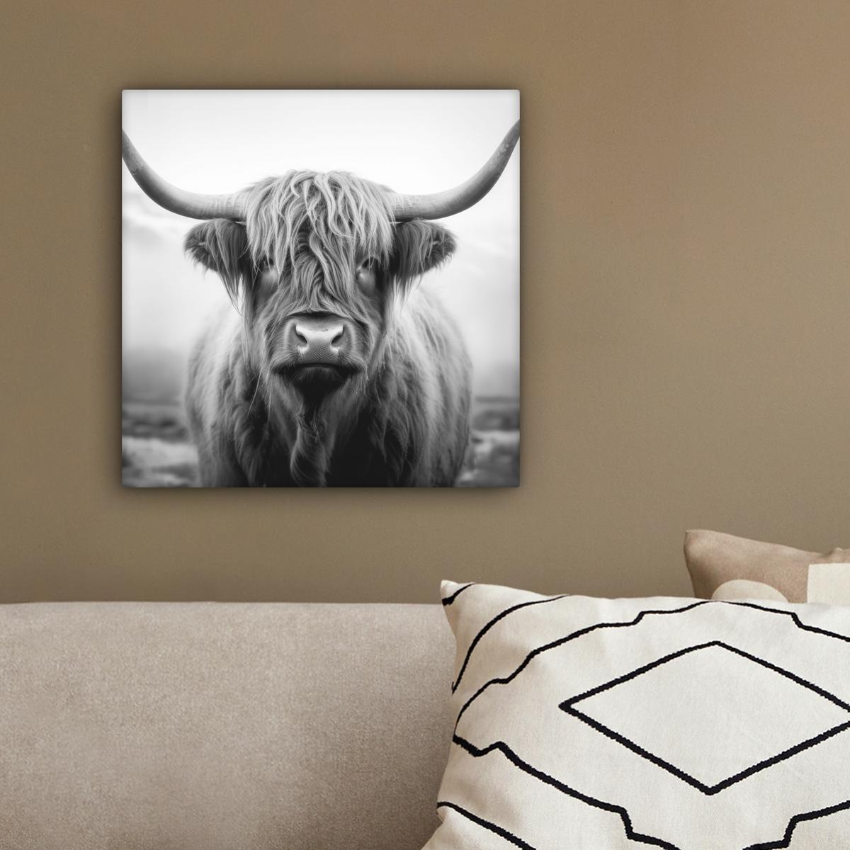 LEINWANDBILD Schottischer Highlander - Nebel - Schwarz - Weiß Deko Wohnzimmer 20x20 cm - Grau, Textil (20/20cm) - MuchoWow