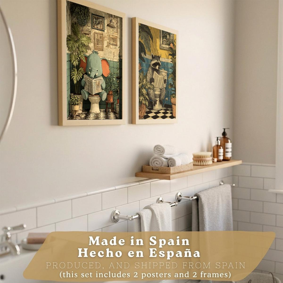 POSTER 2er-Set lustige Badezimmer-Kunstdrucke, Bilder mit lustigen Tieren auf der Toilette, witzige, Dusche Leichter Holzrahmen A3 - Beige, Papier (42/29.7/3cm) - Nacnic
