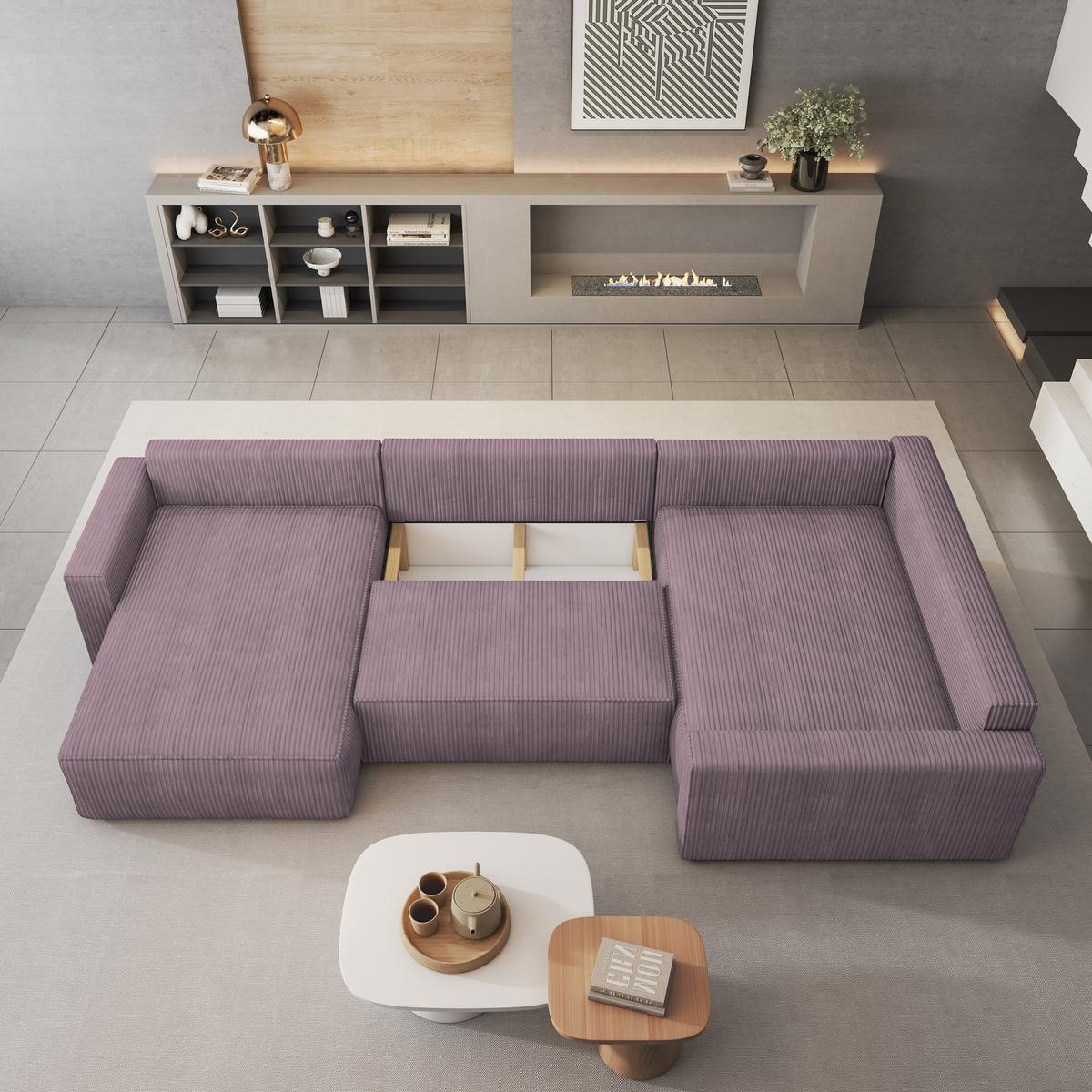 WOHNLANDSCHAFT VELAMI R-S Lila Kordstoff mit Schlaffunktion - Lila, Holz (365/83/194cm) - MASSENO