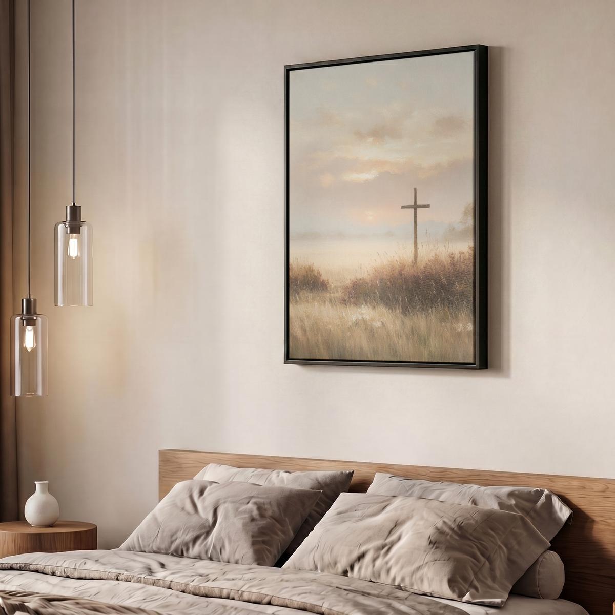 LEINWAND Bilder mit Rahmen - Gras - Morgennebel - Kreuz - Christentum - 60x80 - Beige, Textil (60/80cm) - MuchoWow