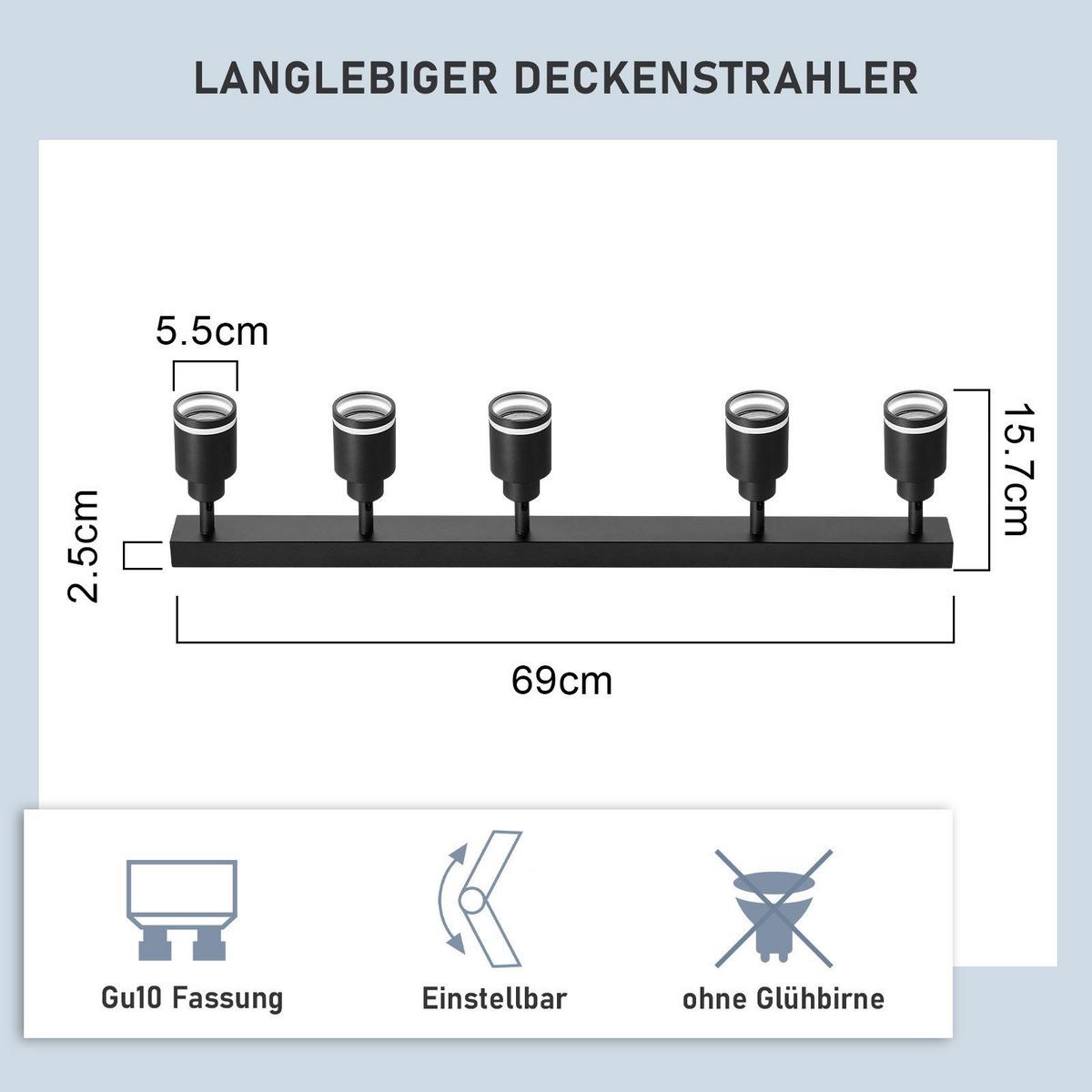 DECKENSTRAHLER Mergentheim 5-flammig 69/5/15.7 cm - Schwarz, Metall (69/5/15.7cm) - Nettlife