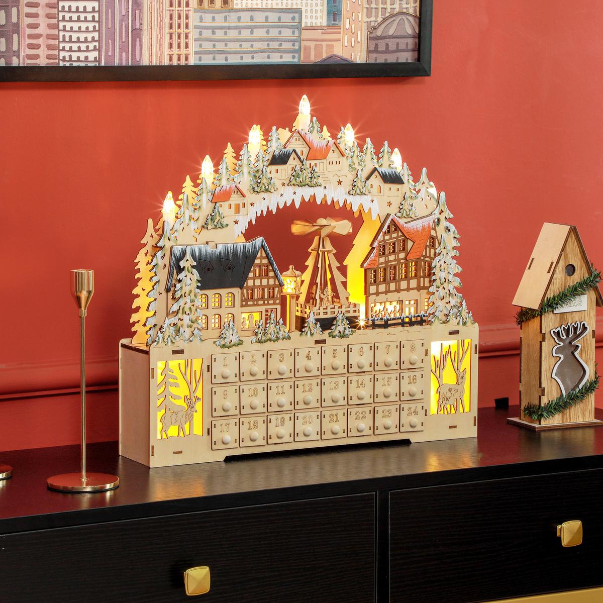 ADVENTSKALENDER Weihnachtskalender 24 Schubladen mit LED-Lichtern MDF Naturholz - Naturfarben, Kunststoff (9/42.5/45cm) - HOMCOM