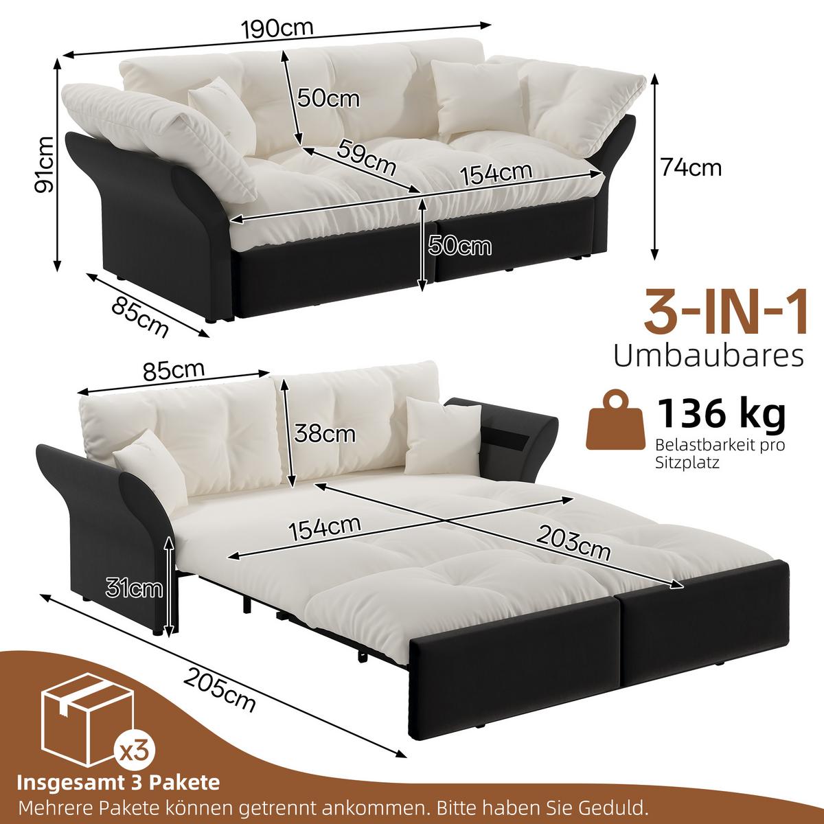 SCHLAFSOFA aus velours im tufting-design, 3-in-1 funktion und queen-size bett - Beige, Textil (190/91/85cm) - Urban Meuble