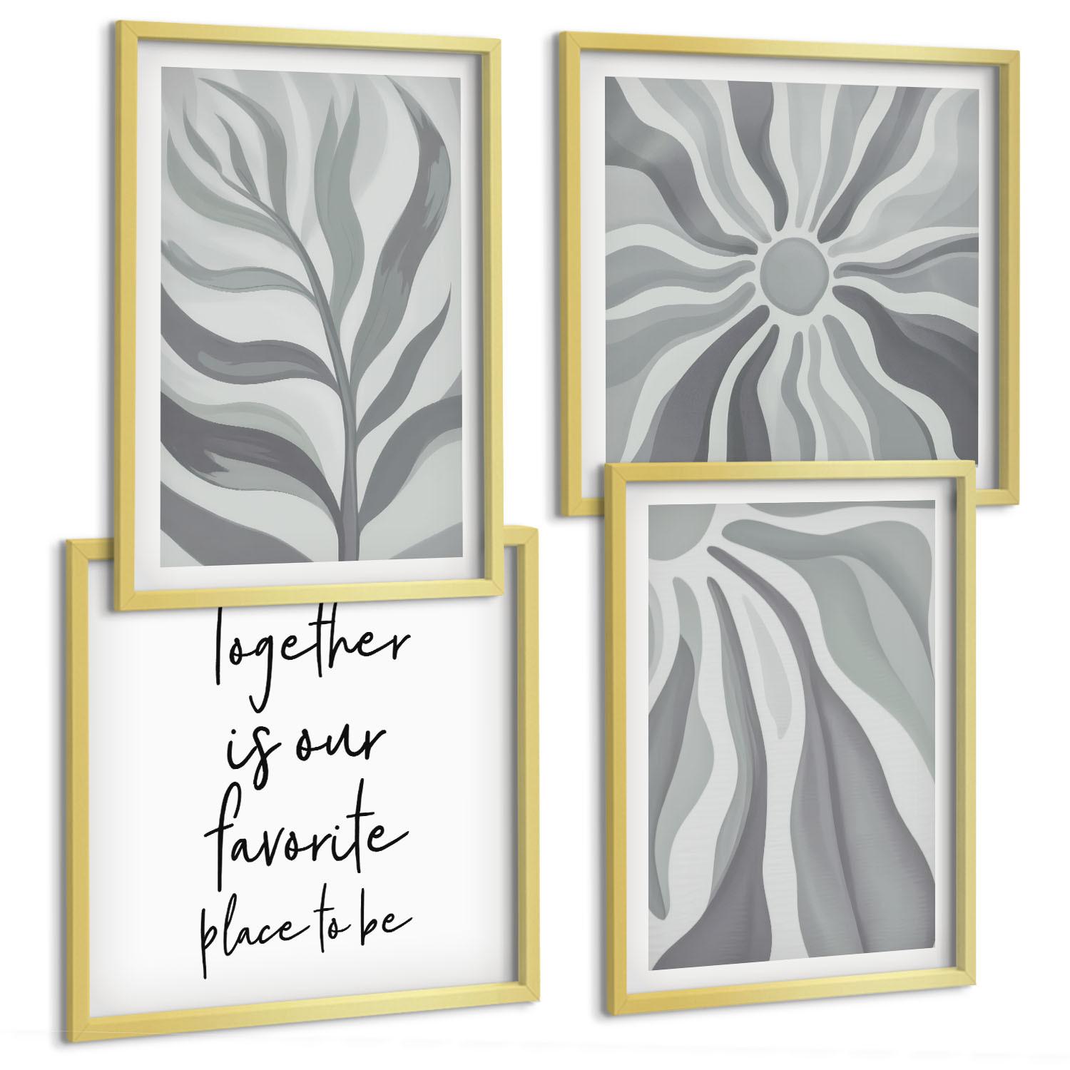 BILDER SET 4er Set - 50x50 cm & 40x60 cm Goldrahmen - Illustrationen mit floralen Pastellmustern - Goldfarben, Kunststoff (50/50cm) - TULUP
