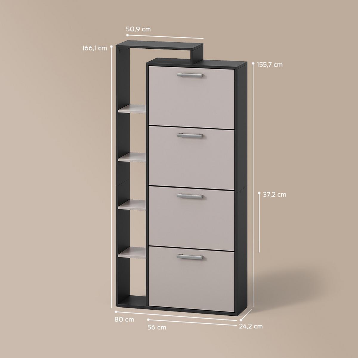SCHUHKIPPER Ortello Anthrazit/Greige 80 x 166.1 cm mit 4 Fächern - Greige/Anthrazit, Holzwerkstoff (80/166.1/24.2cm) - Livinity®