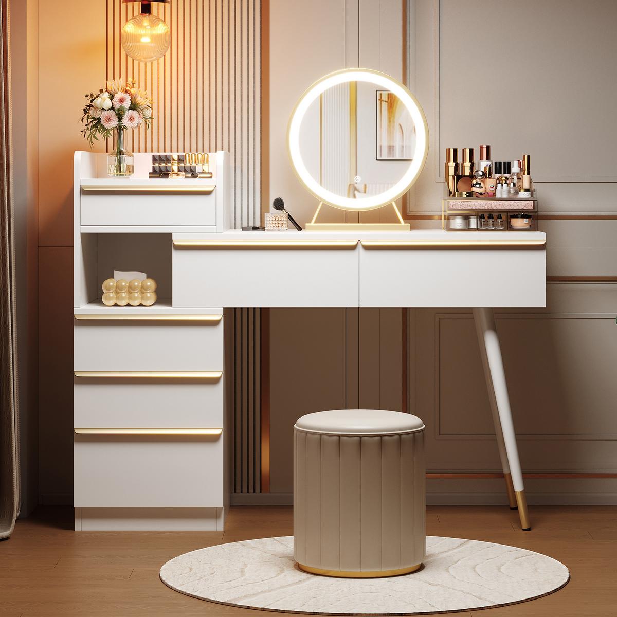 SCHMINKTISCH mit LED-Spiegel, 6 Schubladen & großem Stauraum - Weiß, Holzwerkstoff/Metall (100/102/42cm) - Urban Meuble