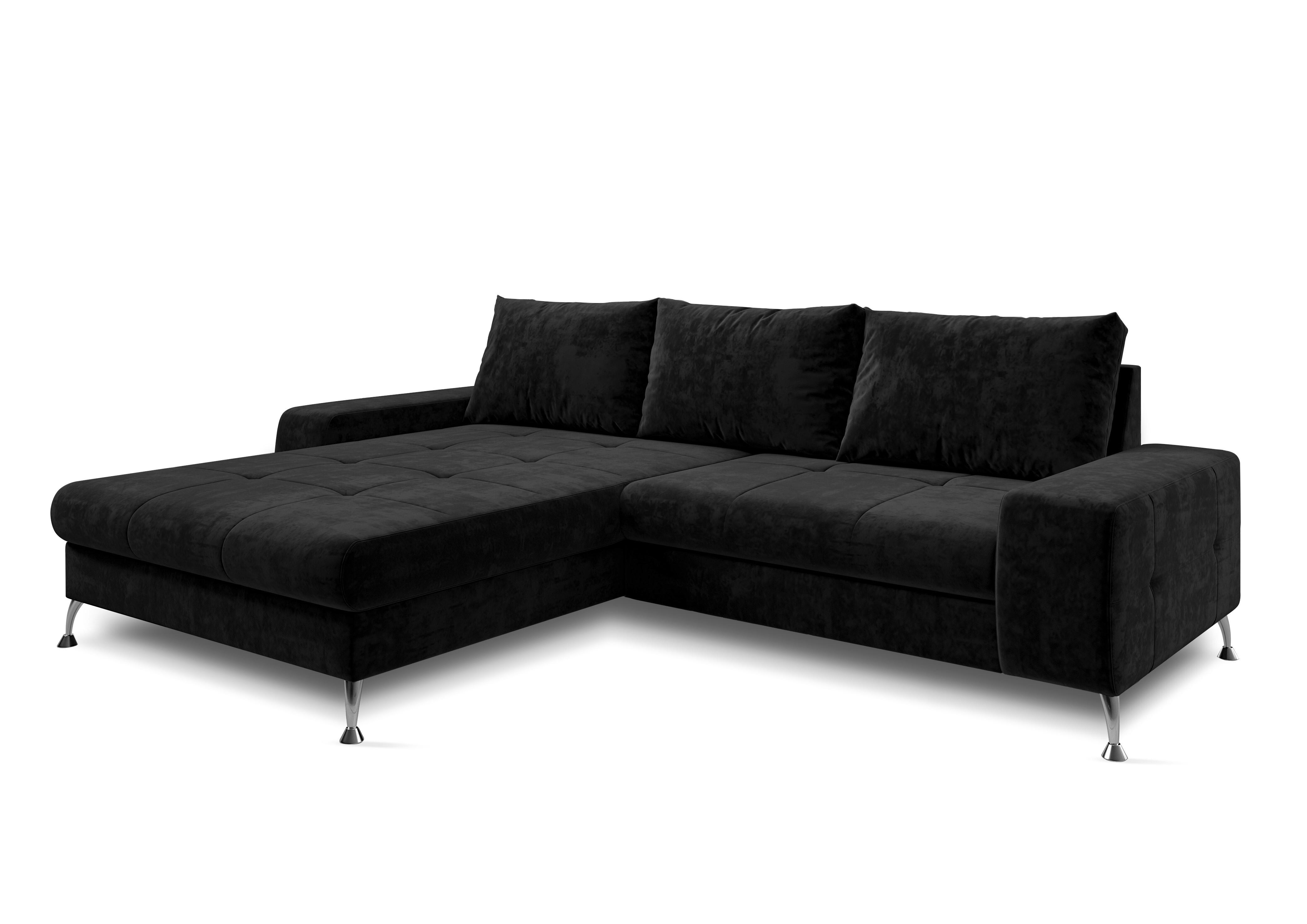 ECKSOFA L Form Artemia Schwarz Samt 275/192/81 cm – modernes Sofa fürs Wohnzimmer L - Silberfarben/Schwarz, Textil/Metall (192/275cm) - AX Living
