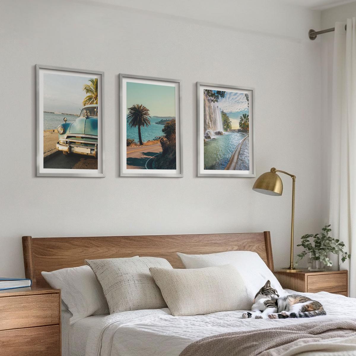 BILDER SET 3er Set - 40x60 cm Silberner Rahmen - Urlaub Palmen Wasserfall - Silberfarben, Kunststoff (40/60cm) - TULUP