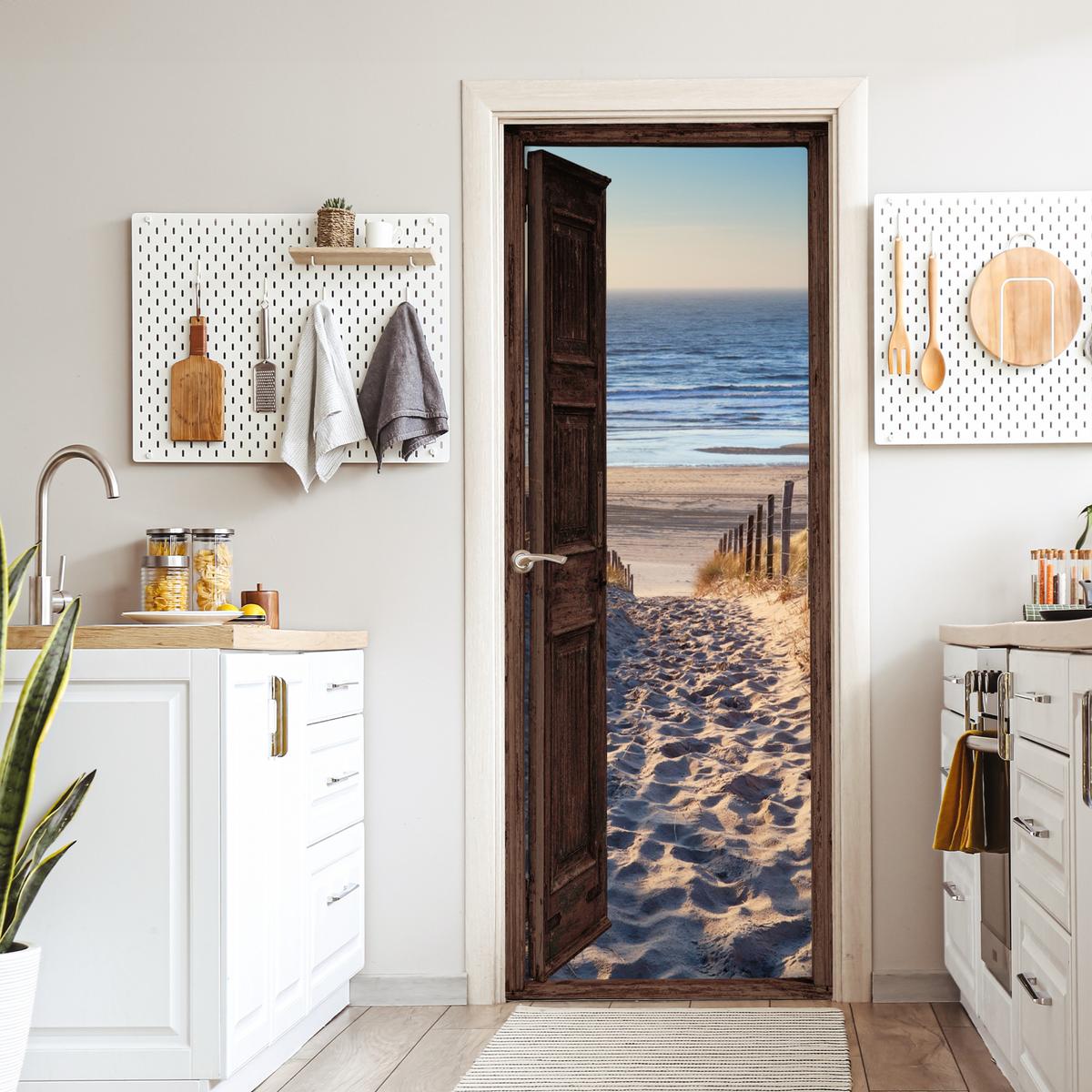 TÜRAUFKLEBER Durchblick - Strand - Meer - Weg - Dünen 80x215 cm - Türtapete - Sandfarben, Kunststoff (80/0.1cm) - MuchoWow