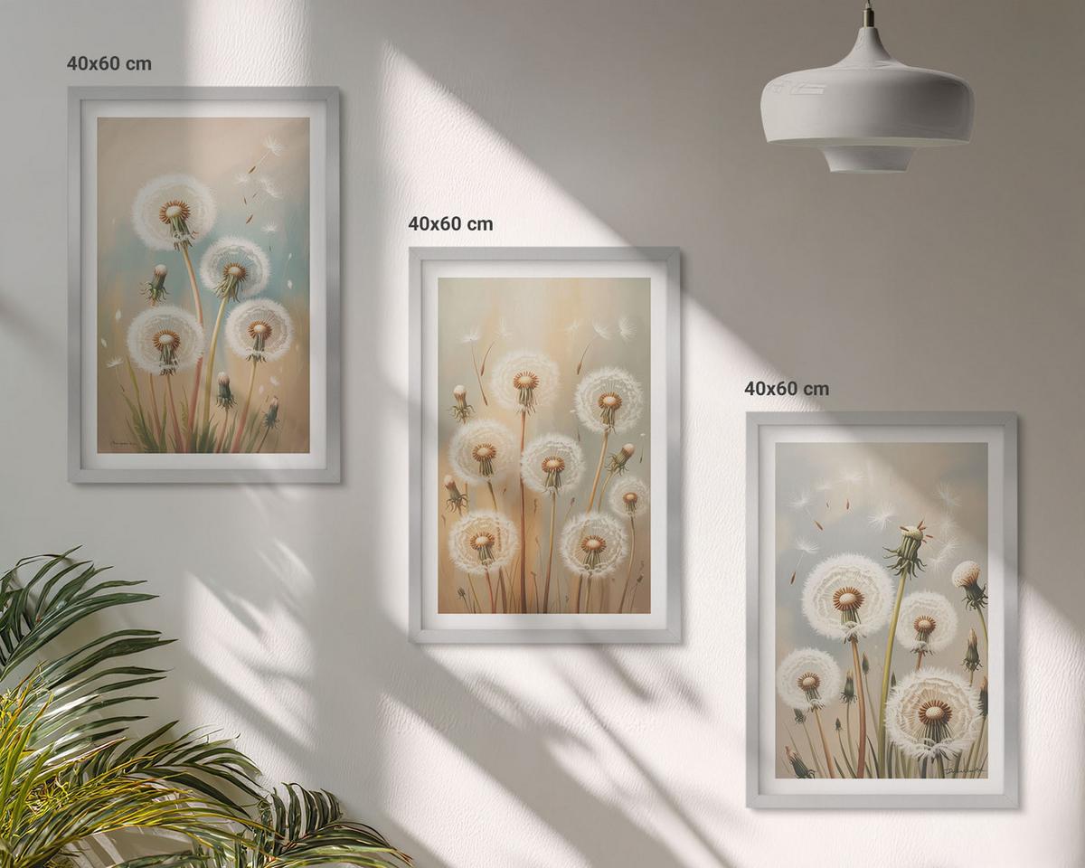 BILDER SET 3er Set - 40x60 cm Silberner Rahmen - Pastellfarbene Löwenzahnblüten - Silberfarben, Kunststoff (40/60cm) - TULUP