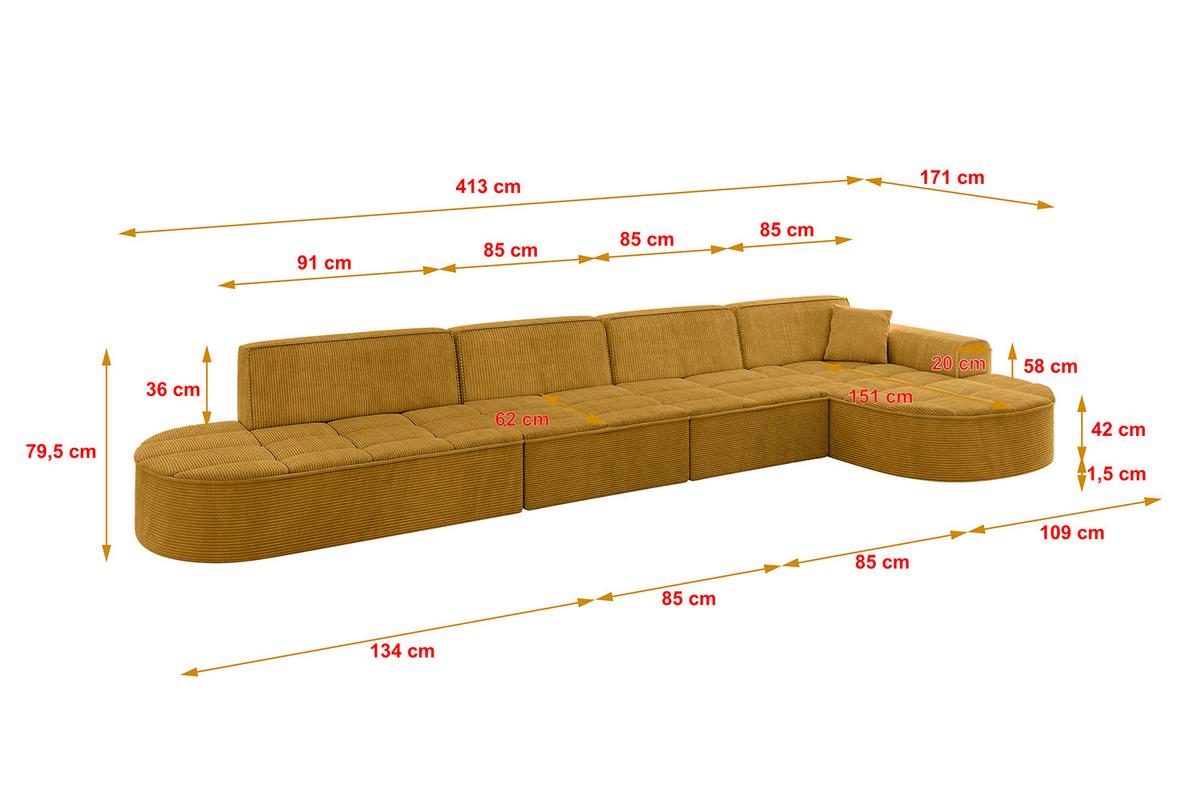 ECKSOFA Ottomane Rechts TARO-L3 - 413x171x79,5 cm Senfgelb - Currygelb/Gelb, Holzwerkstoff/Textil (413/171cm) - ALTDECOR