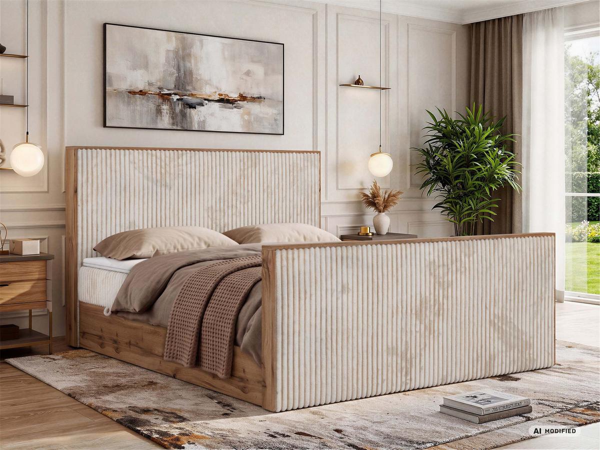BOXBETT WOOD DUO 200/200 - Beige Cord - Topper Visco - H3 - Beige/Schwarz, Kunststoff/Textil (200/200cm) - MKS
