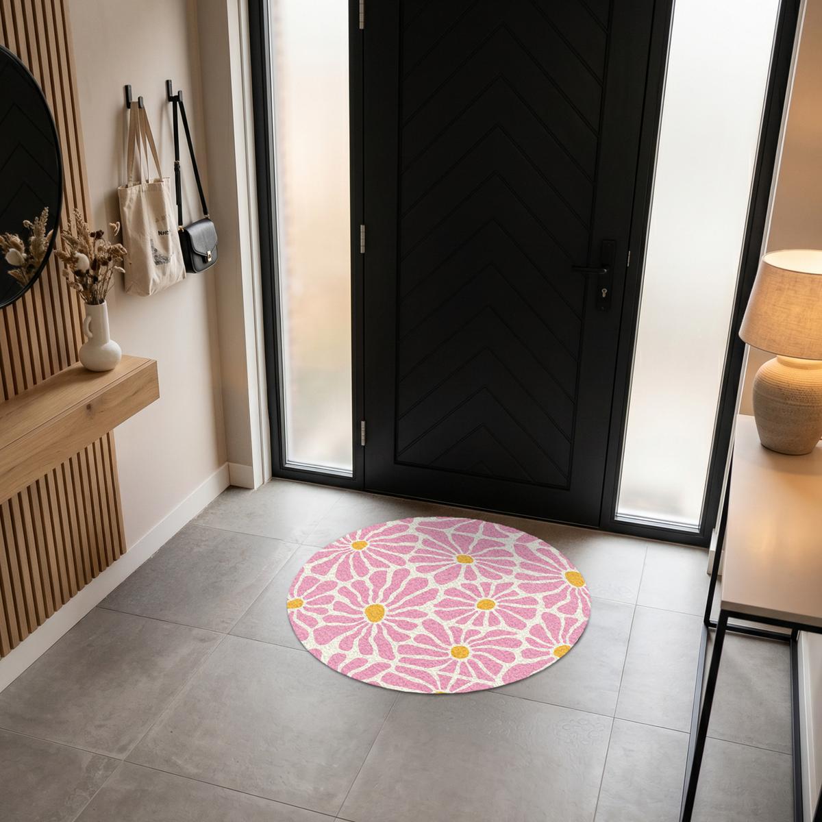 FUSSMATTE Blumen - Muster - Rosa - Beige - Orange Sauberlaufmatte 90x90 cm - Rosa, Kunststoff (90/0.4cm) - MuchoWow