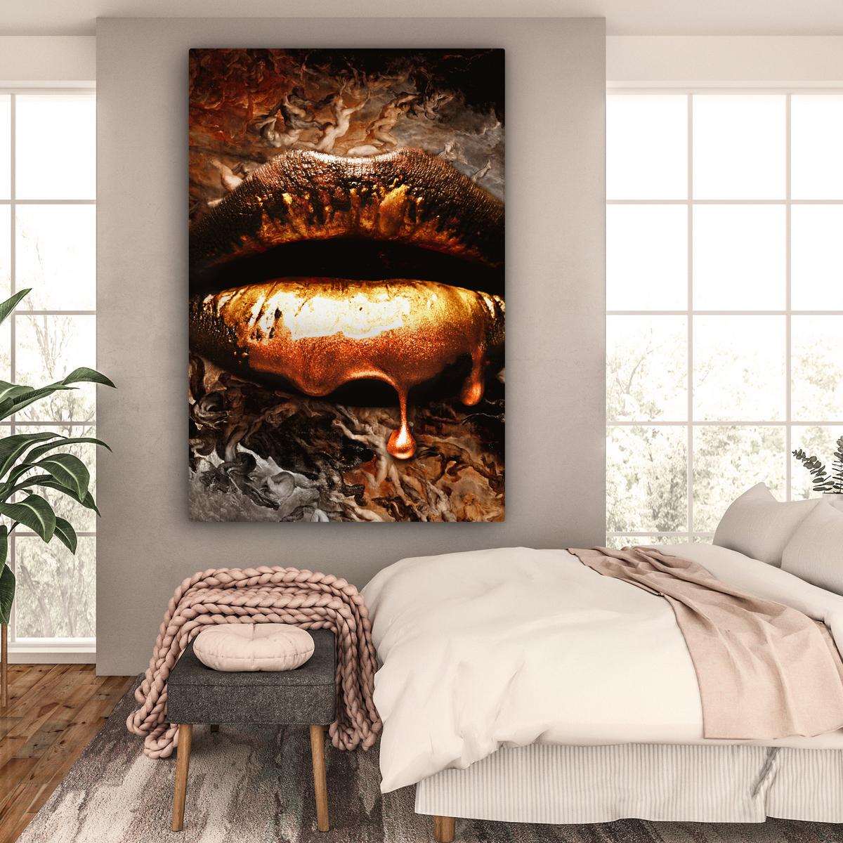 LEINWANDBILD Gold - Lippen - Kunst - Gold - Luxus - Abstrakt Deko Groß 90x140 cm - Kupferfarben, Textil (90/140cm) - MuchoWow