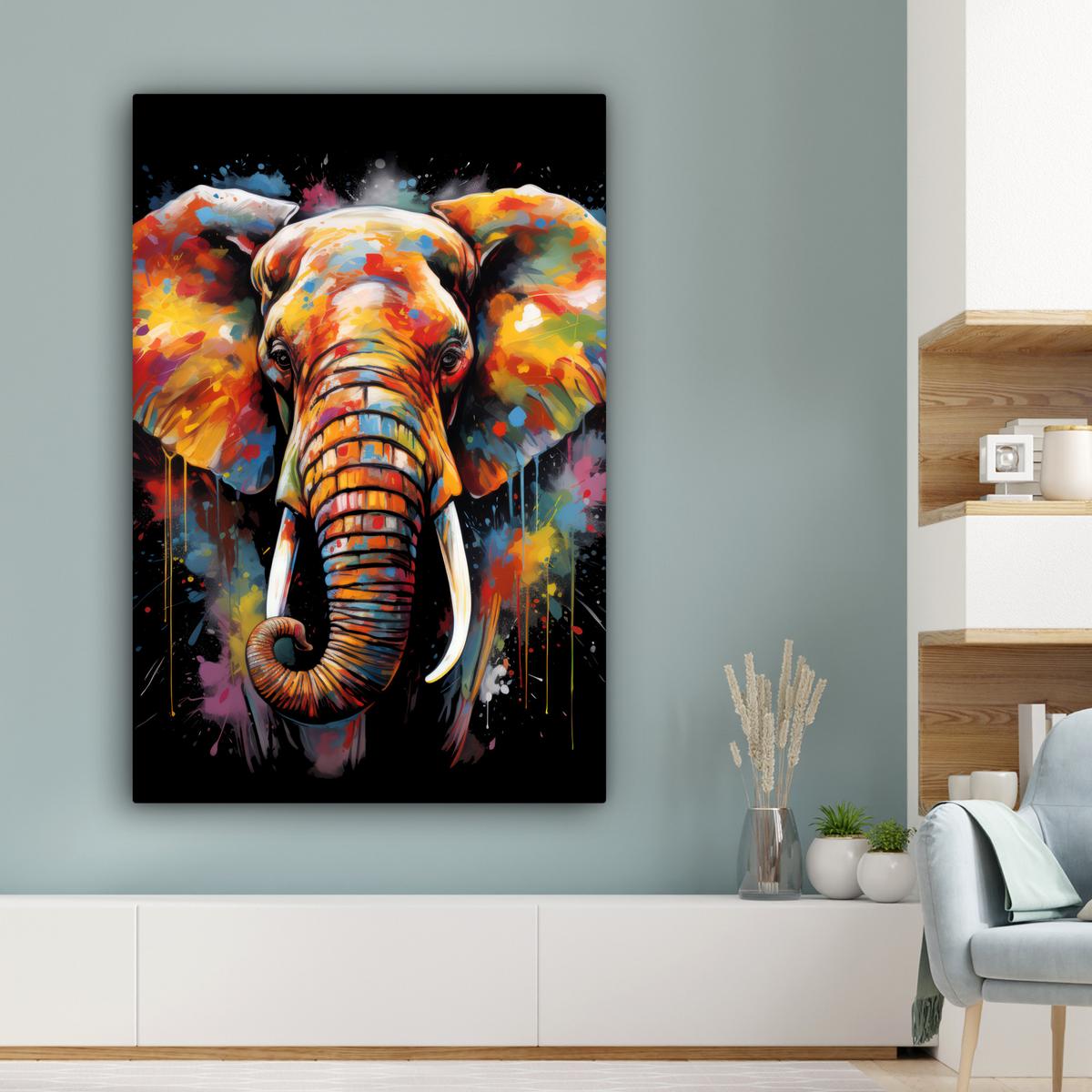 LEINWANDBILD Elefant - Graffiti - Schwarz - Tiere - Farben Deko XXL 80x120 cm - Schwarz, Textil (80/120cm) - MuchoWow