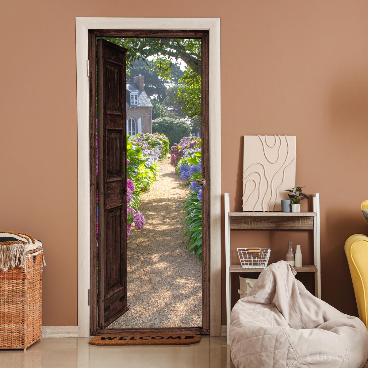 TÜRAUFKLEBER Ansicht - Hortensie - Tür - Blumen - Natur 80x215 cm - Türtapete - Beige, Kunststoff (80/0.1cm) - MuchoWow