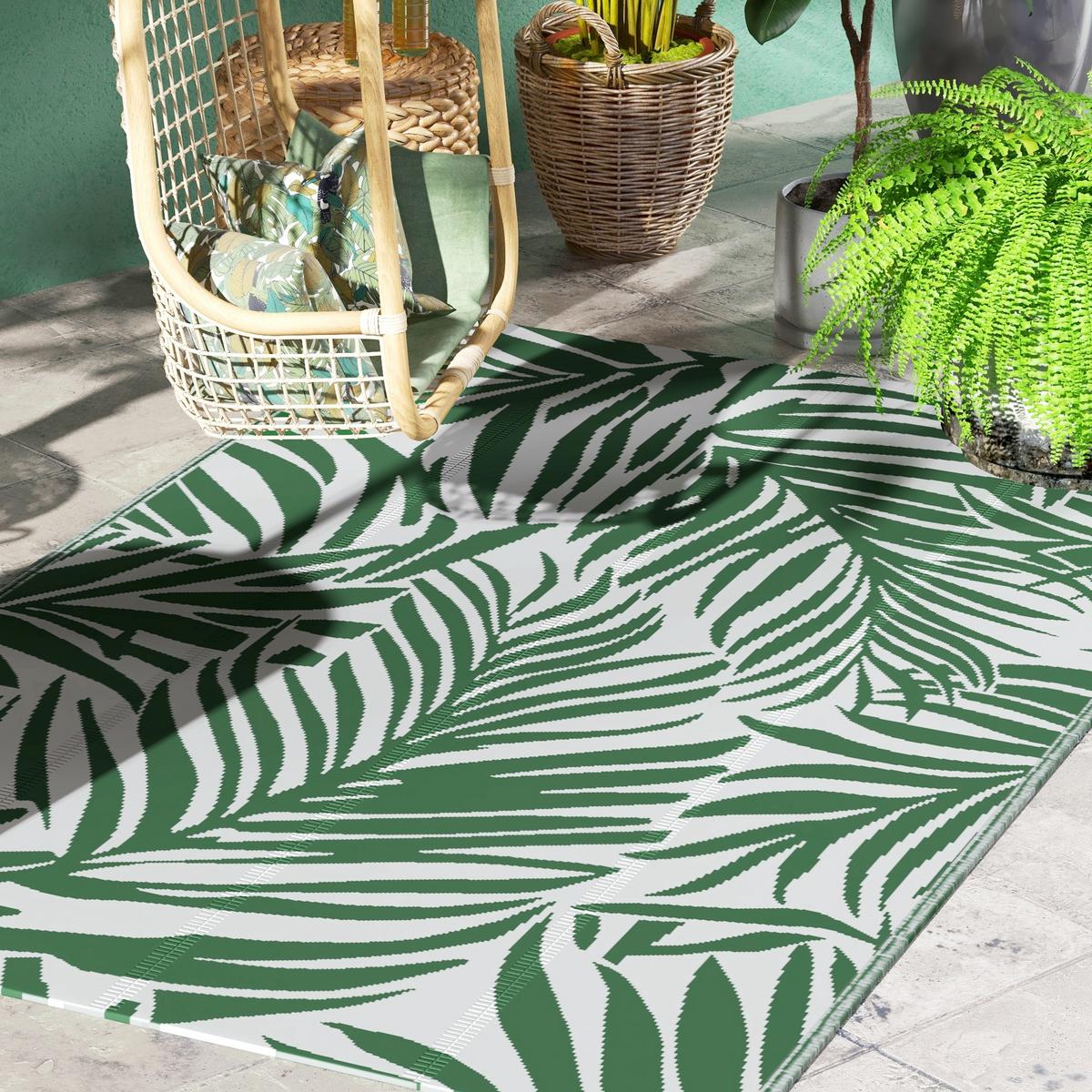 OUTDOOR Teppich Wendbares Wetterfest Outdoorteppich Carpet mit Blätter-Muster - Dunkelgrün, Kunststoff (243/152cm) - Outsunny