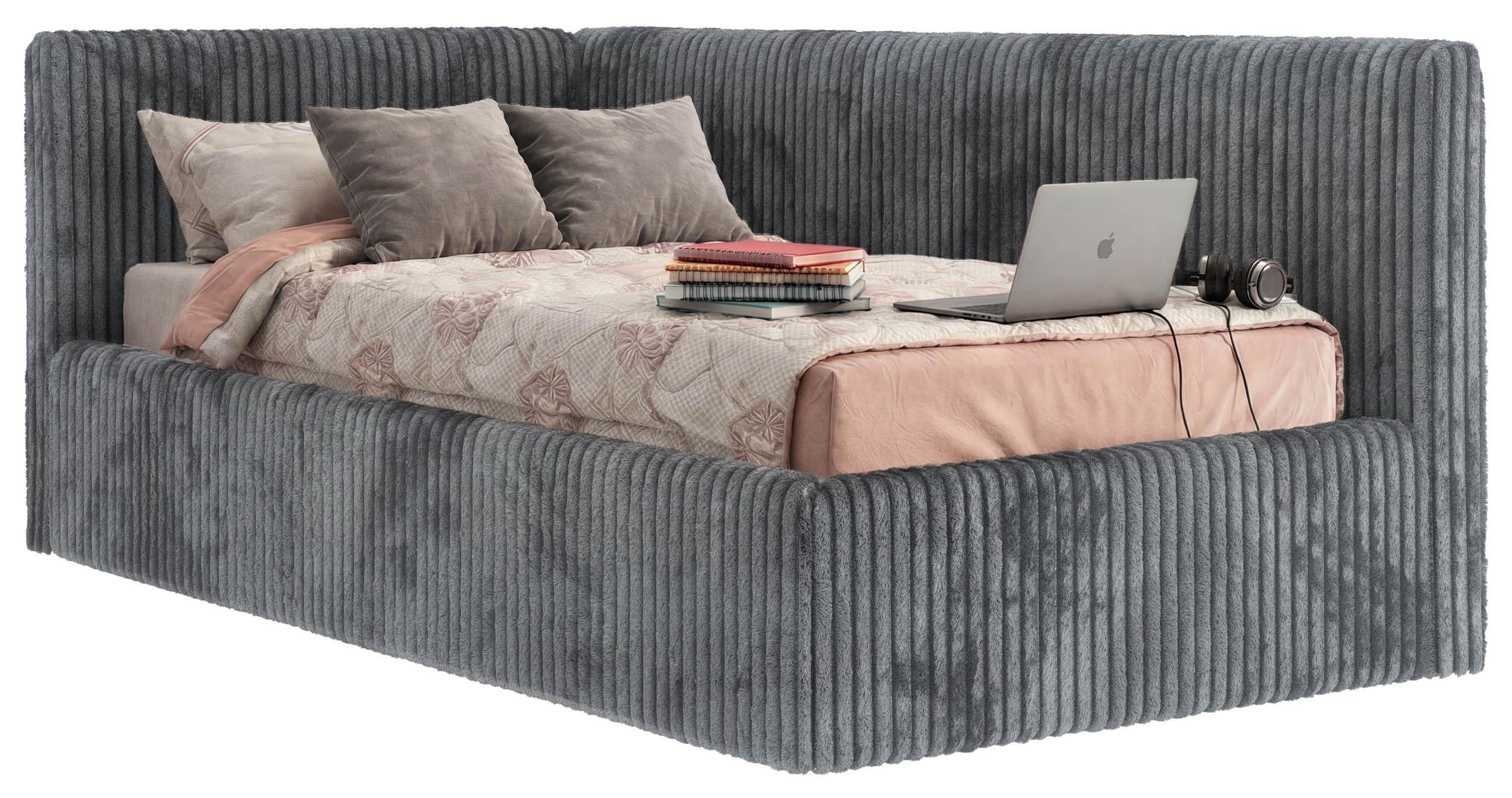 POLSTERBETT TILVO 90/200 - Grau Cord - Multitaschenfederkernmatratze - Links - Grau, Textil (90/200cm) - MKS