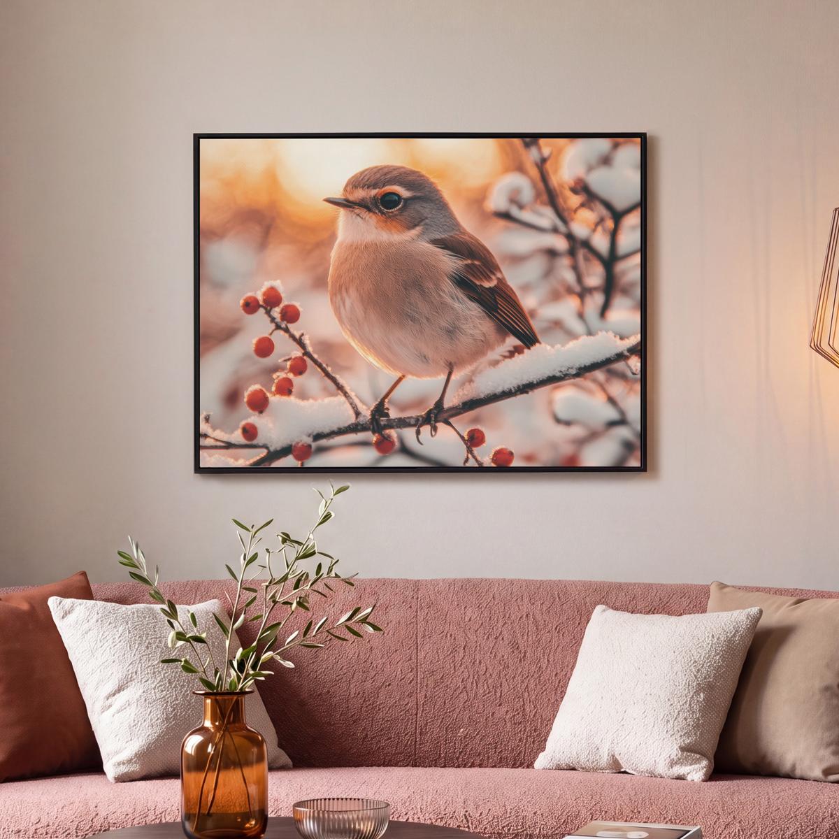 LEINWAND Bilder mit Rahmen - Vogel - Zweig - Winter - Tiere - Schnee - 70x50 - Bernsteinfarben, Textil (70/50cm) - MuchoWow