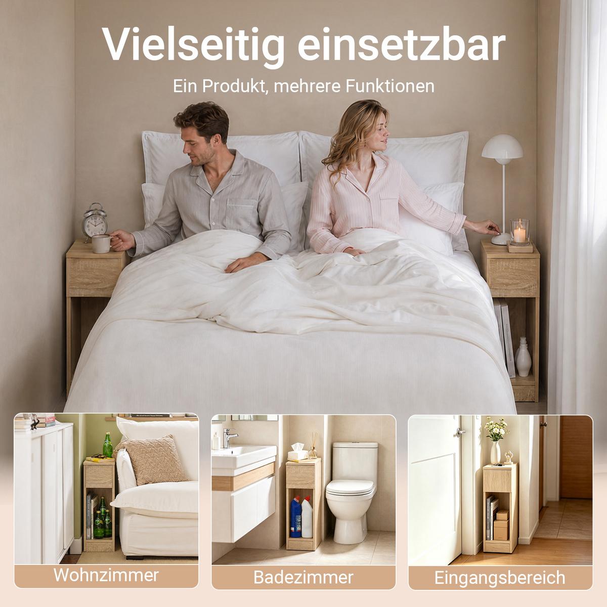 NACHTTISCH 2er Set Schmal mit Schublade, Natur, 20x35x60 cm, mit Schublade & offenes Fach, Schlafzimmer/Wohnzimmer - Naturfarben, Holzwerkstoff (20/60/35cm) - SoBuy