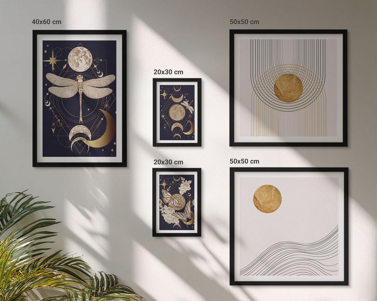 BILDER SET 5er Set - 50x50 cm & 20x30 cm & 40x60 cm Schwarzer Rahmen - Naturmotive mit dem Mond - Schwarz, Kunststoff (40/60cm) - TULUP