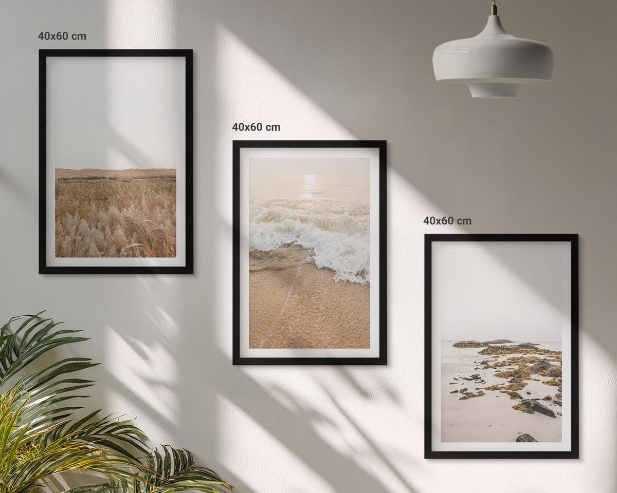 BILDER SET 3er Set - 40x60 cm Schwarzer Rahmen - Strandwellen, Steine, Sommer - Schwarz, Kunststoff (40/60cm) - TULUP