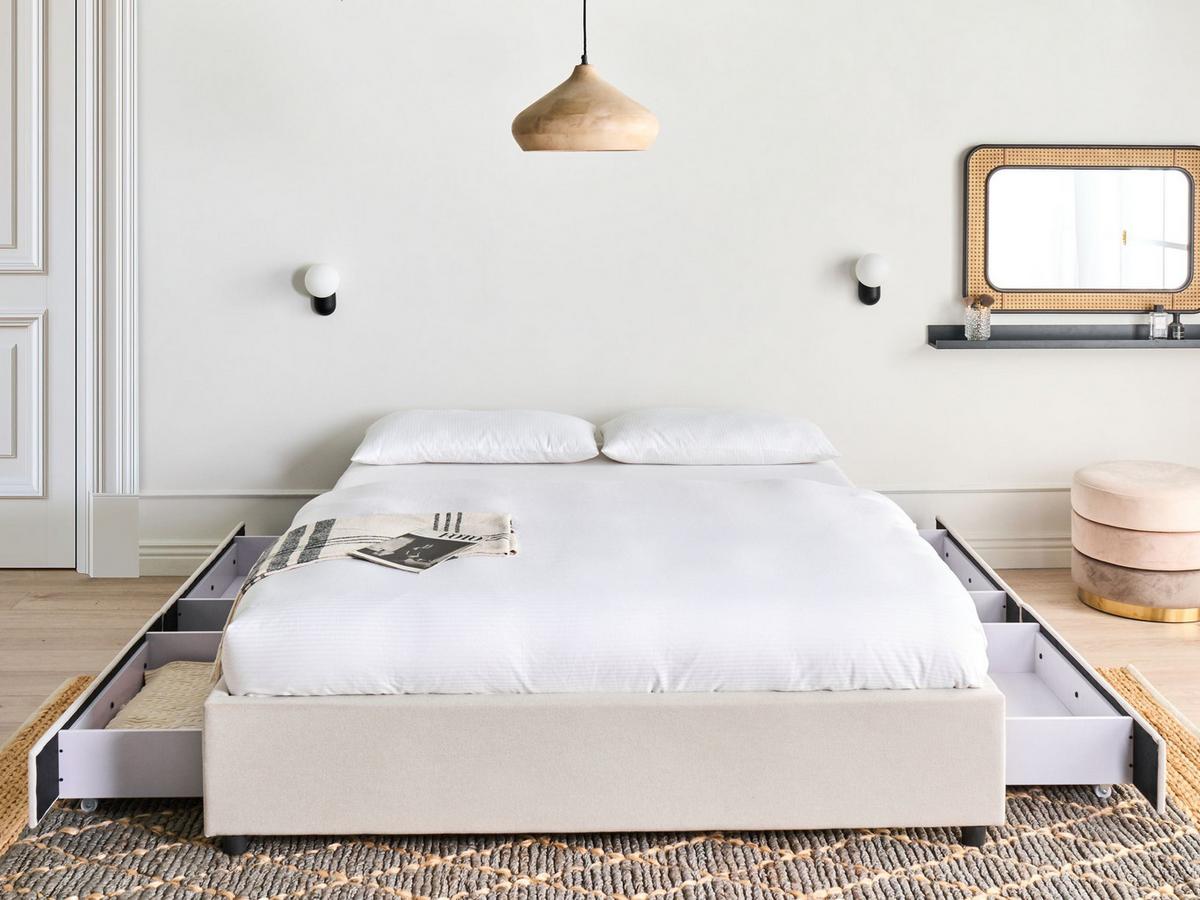 BETT mit Schubladen ohne Kopfteil 160/200 cm Stoff Hellbeige Prades - Beige, Textil (160/200cm) - Beliani