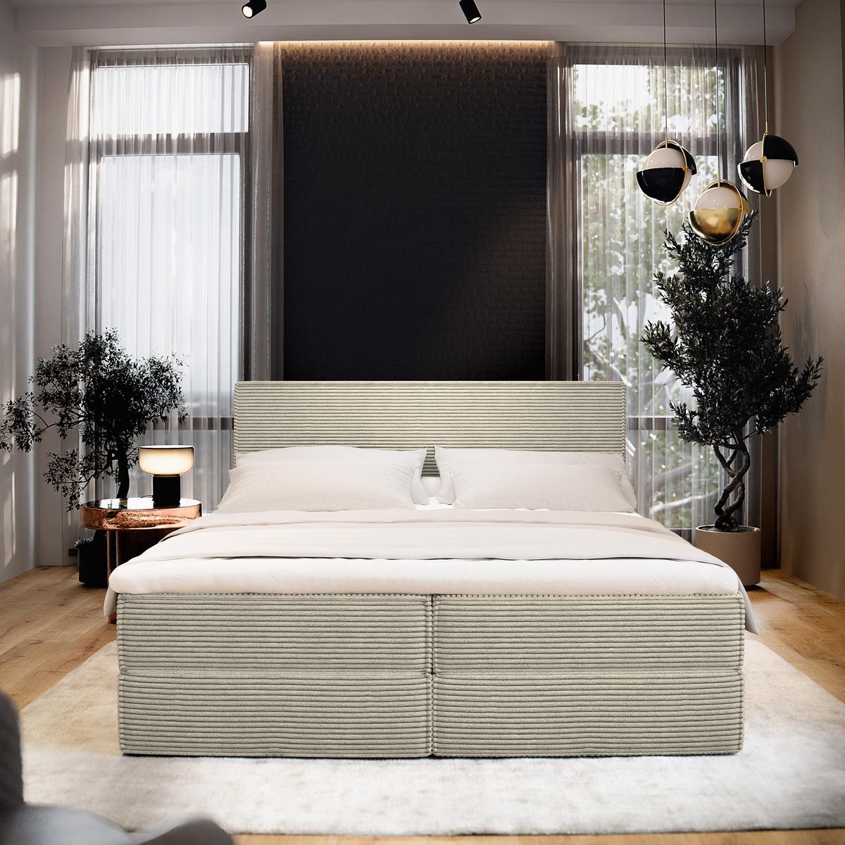 BOXBETT PELLIO 160x200 cm mit Matratze und Topper - Creme - Creme, Holz (160/200cm) - MASSENO