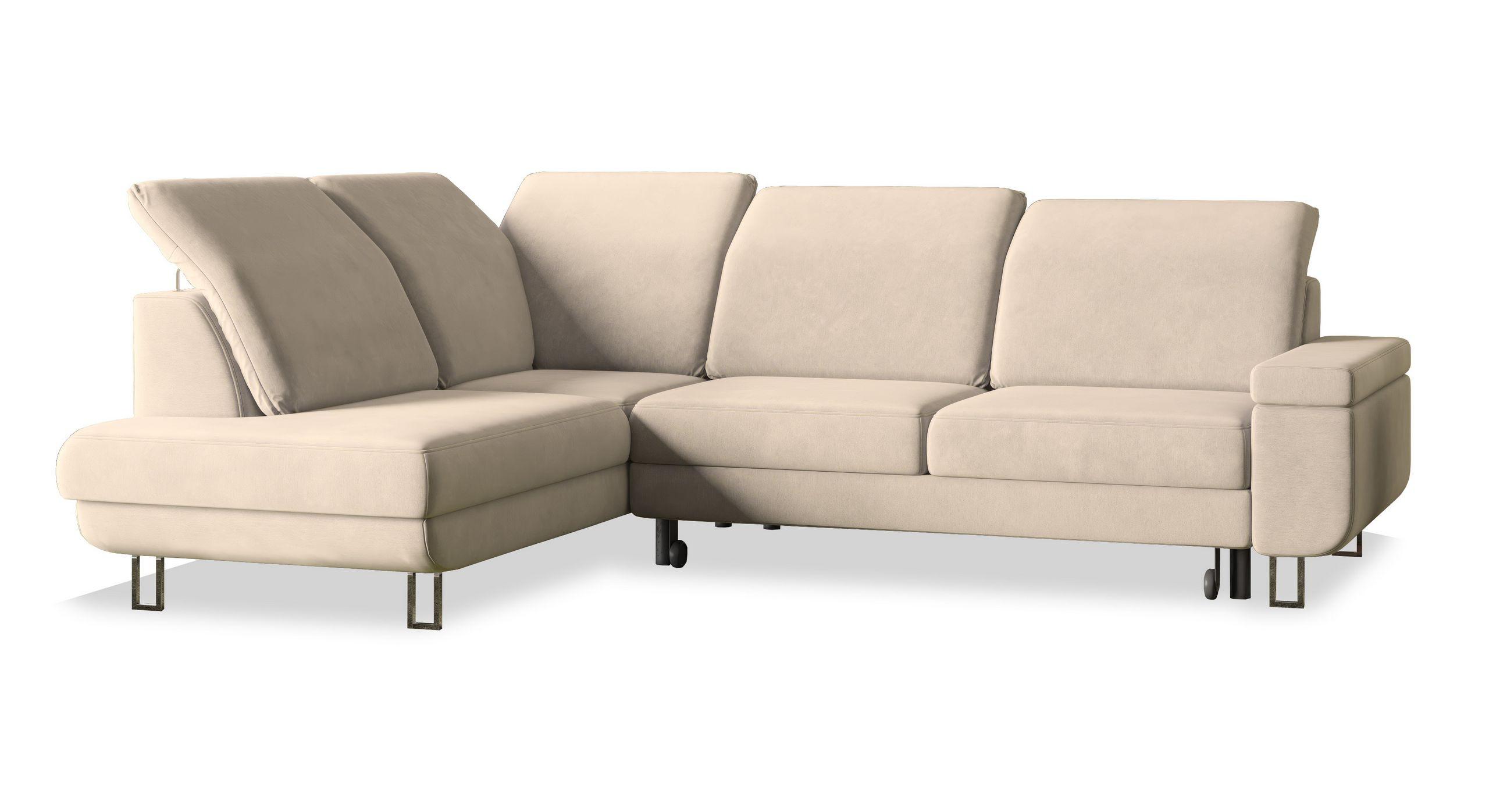 ECKSOFA LERMA R-S Creme Velours-Stoff mit Schlaffunktion - Silberfarben/Creme, Holz/Textil (253/190cm) - MASSENO