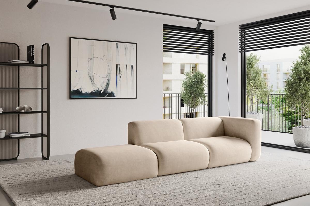 SOFA Ottomane Rechts MIRA-S3 296x89x70 Beige Velours - Greige/Beige, Holzwerkstoff/Kunststoff (296/70/89cm) - ALTDECOR