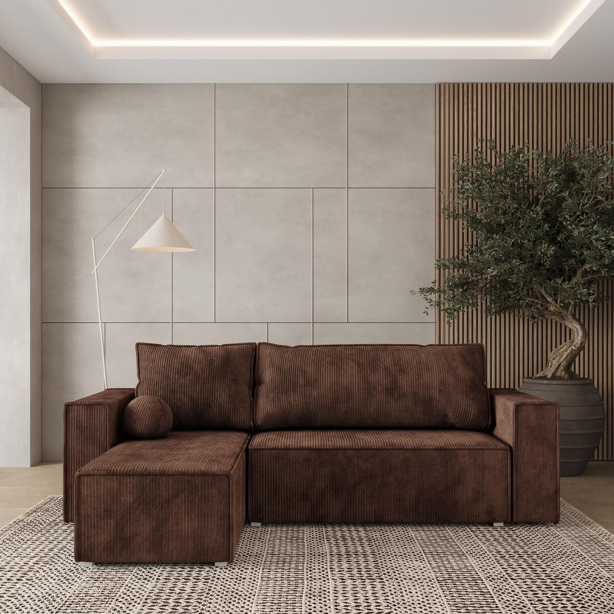 ECKSOFA RAVELO P Braun Kordstoff mit Schlaffunktion - Braun/Grau, Holz/Kunststoff (240/140cm) - MASSENO